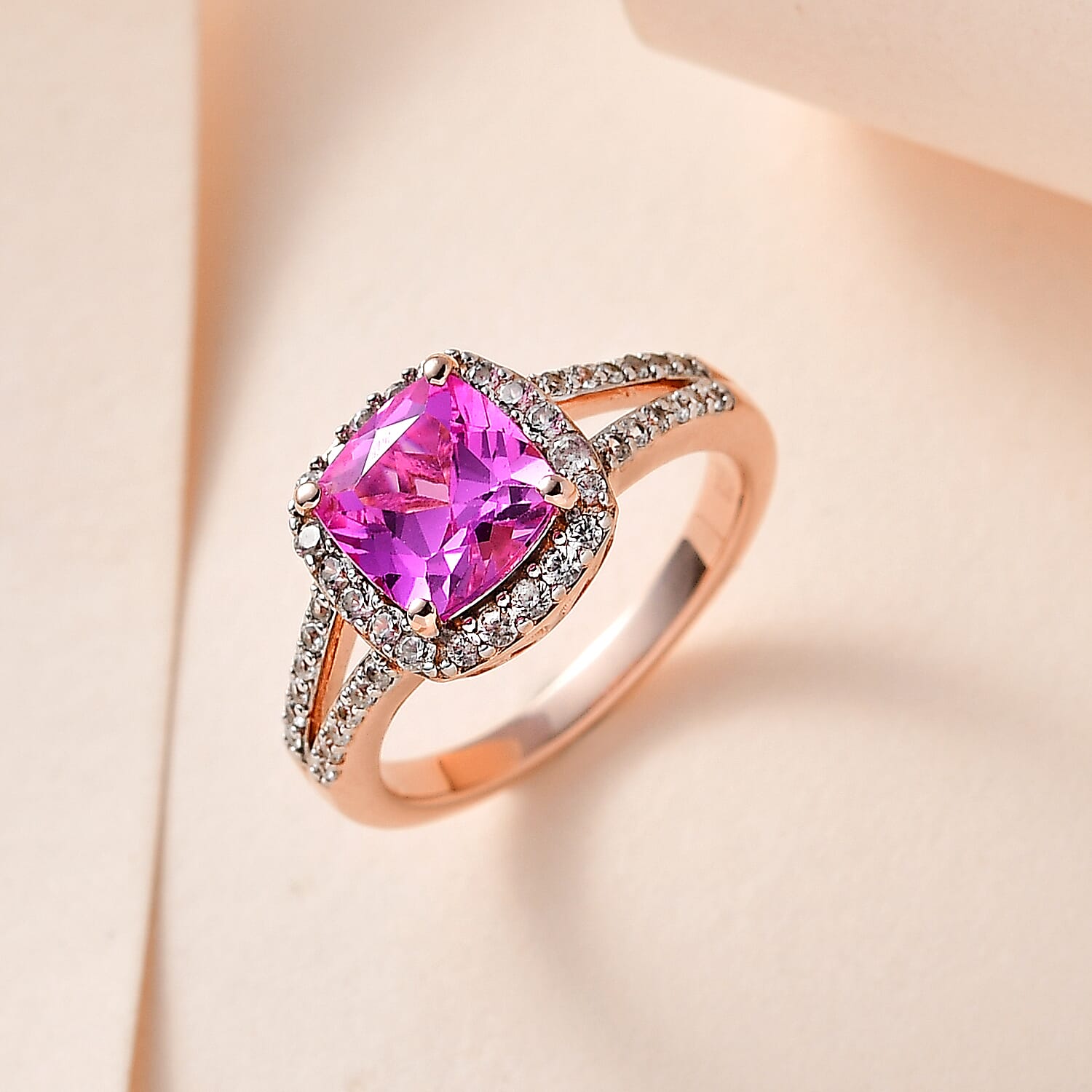 Premium Lab Created Pink Sapphire and Natural Zircon Ring in 18K Rose Gold Vermeil Plated Sterling Silver 2.50 Ct