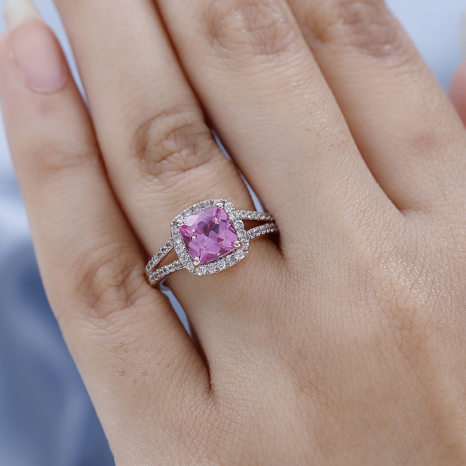 Premium Lab Created Pink Sapphire and Natural Zircon Ring in 18K Rose Gold Vermeil Plated Sterling Silver 2.50 Ct