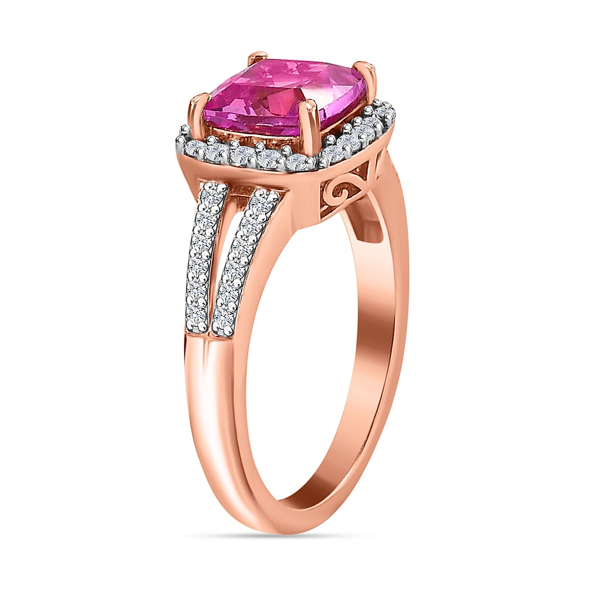 Premium Lab Created Pink Sapphire and Natural Zircon Ring in 18K Rose Gold Vermeil Plated Sterling Silver 2.50 Ct