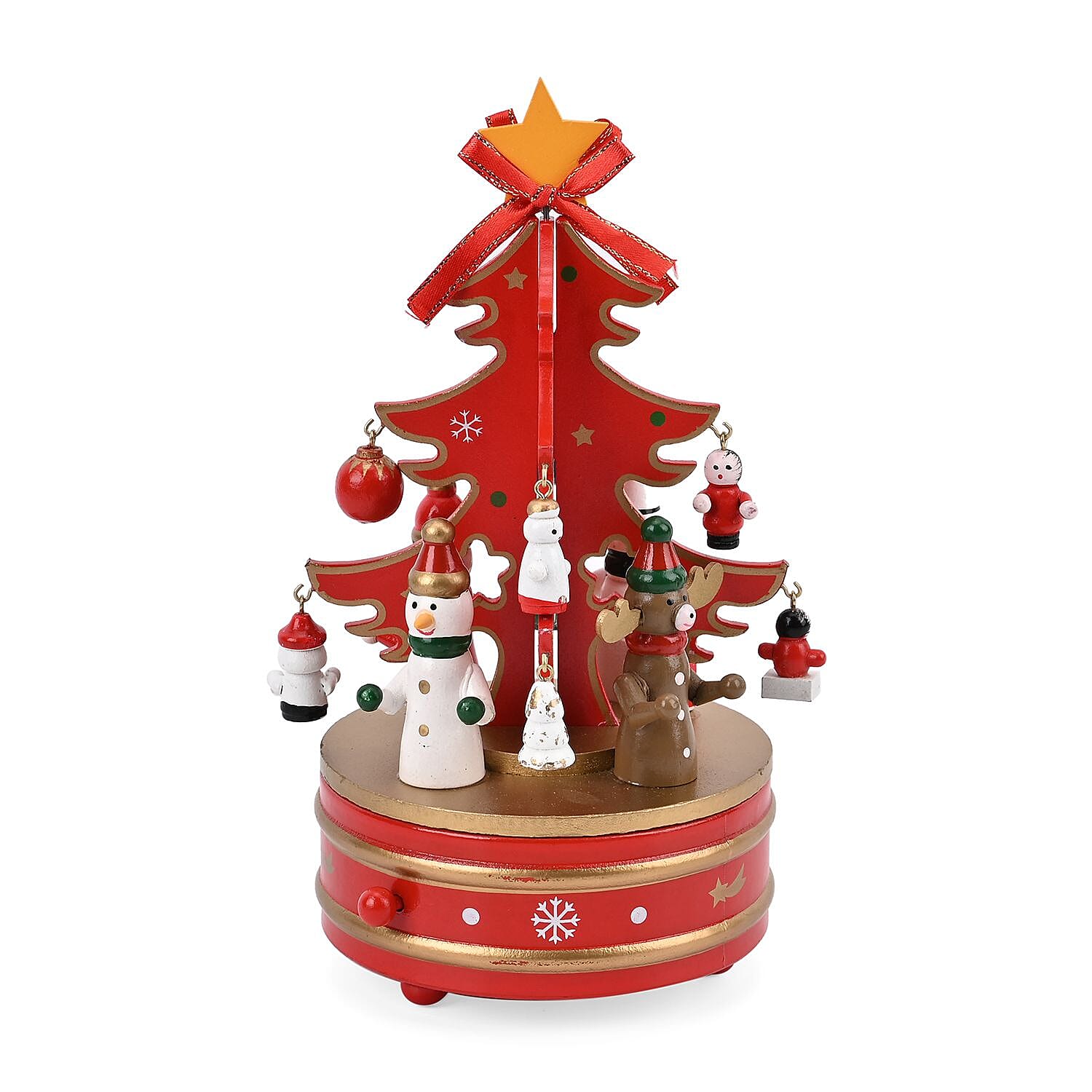 Rotating Christmas Tree Music Box with Figurines & Adorable Mini Hanging Ornaments - Red 18x13cm