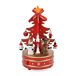 Rotating Christmas Tree Music Box with Figurines & Adorable Mini Hanging Ornaments - Red 18x13cm