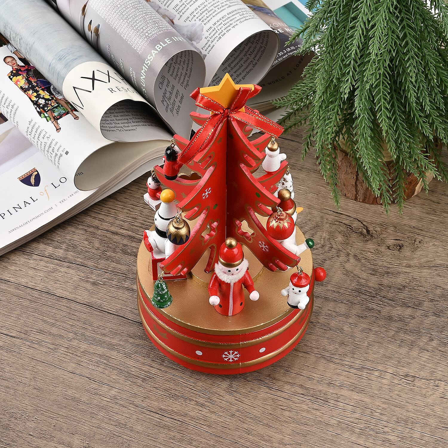 Rotating Christmas Tree Music Box with Figurines & Adorable Mini Hanging Ornaments - Red 18x13cm