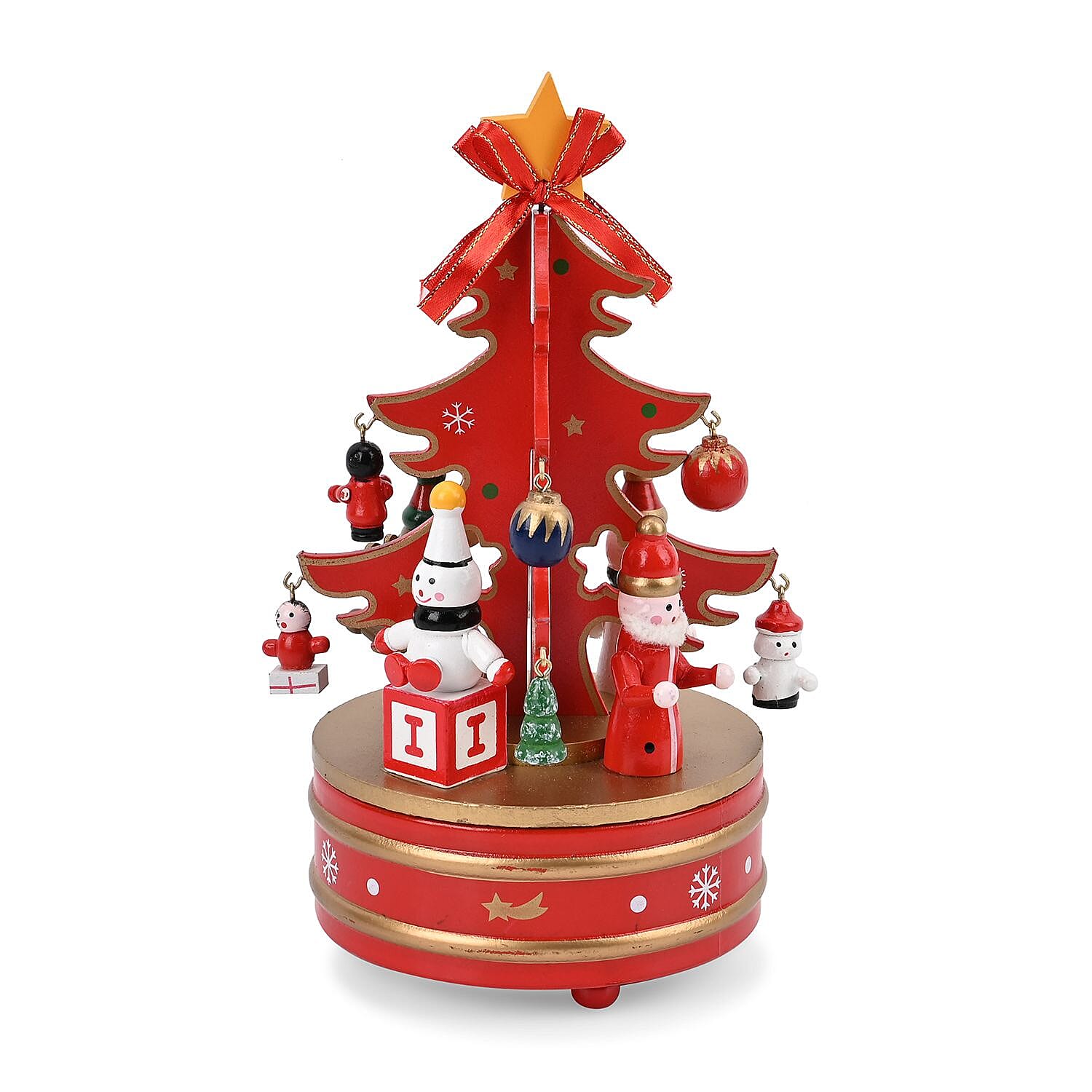 Rotating Christmas Tree Music Box with Figurines & Adorable Mini Hanging Ornaments - Red 18x13cm