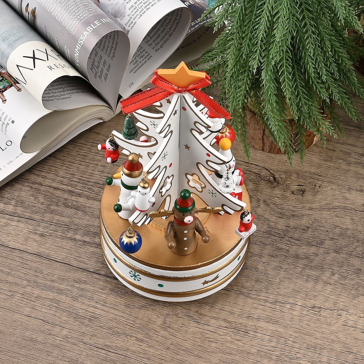 Rotating Christmas Tree Music Box with Figurines & Adorable Mini Hanging Ornaments - White 18x13cm