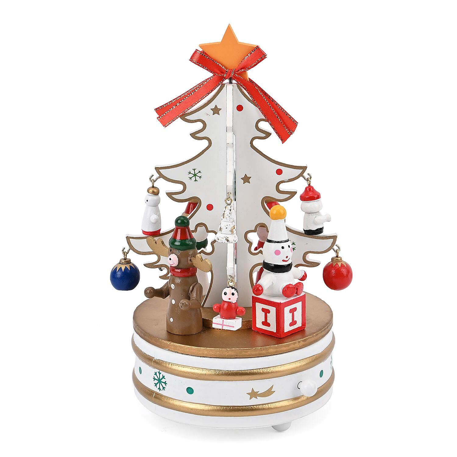 Rotating Christmas Tree Music Box with Figurines & Adorable Mini Hanging Ornaments - White 18x13cm