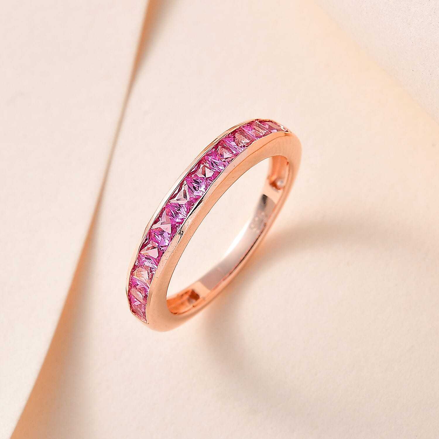 Lab Created Pink Sapphire Half-Eternity Ring in 18K Rose Gold Vermeil Plated Sterling Silver 1.20 Ct