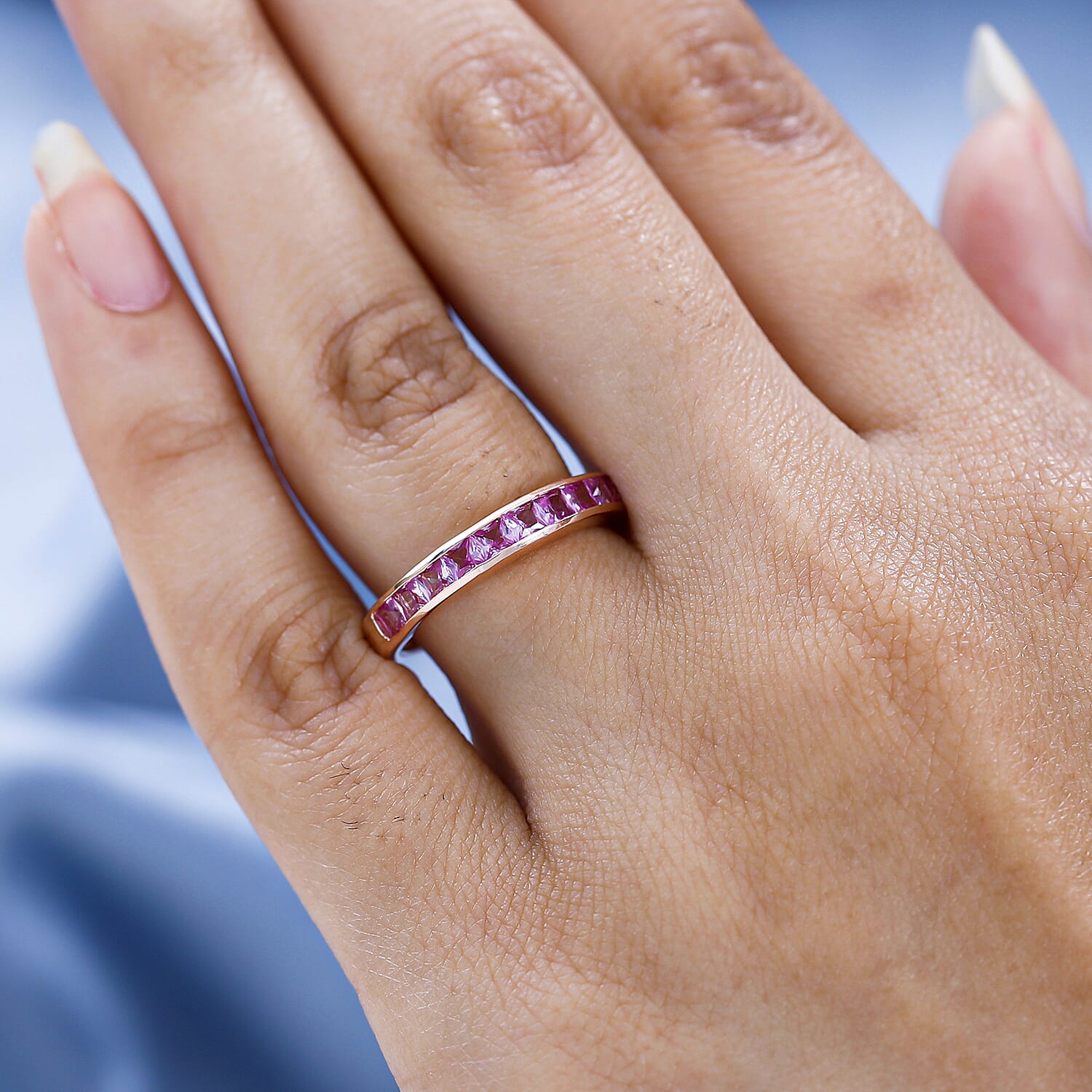 Lab Created Pink Sapphire Half-Eternity Ring in 18K Rose Gold Vermeil Plated Sterling Silver 1.20 Ct