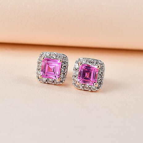 Lab Created Pink Sapphire and Natural Zircon Stud Earrings in Vermeil Rose Gold Plated Sterling Silver 3.26 Ct