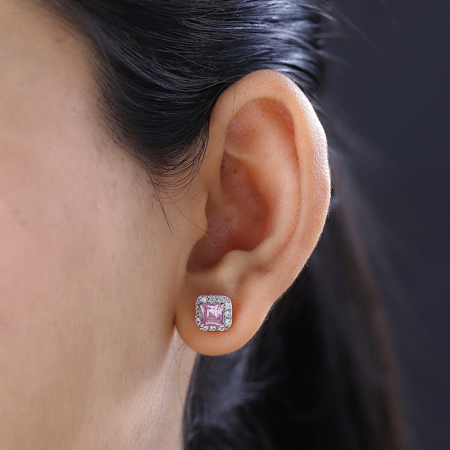 Lab Created Pink Sapphire and Natural Zircon Stud Earrings in Vermeil Rose Gold Plated Sterling Silver 3.26 Ct