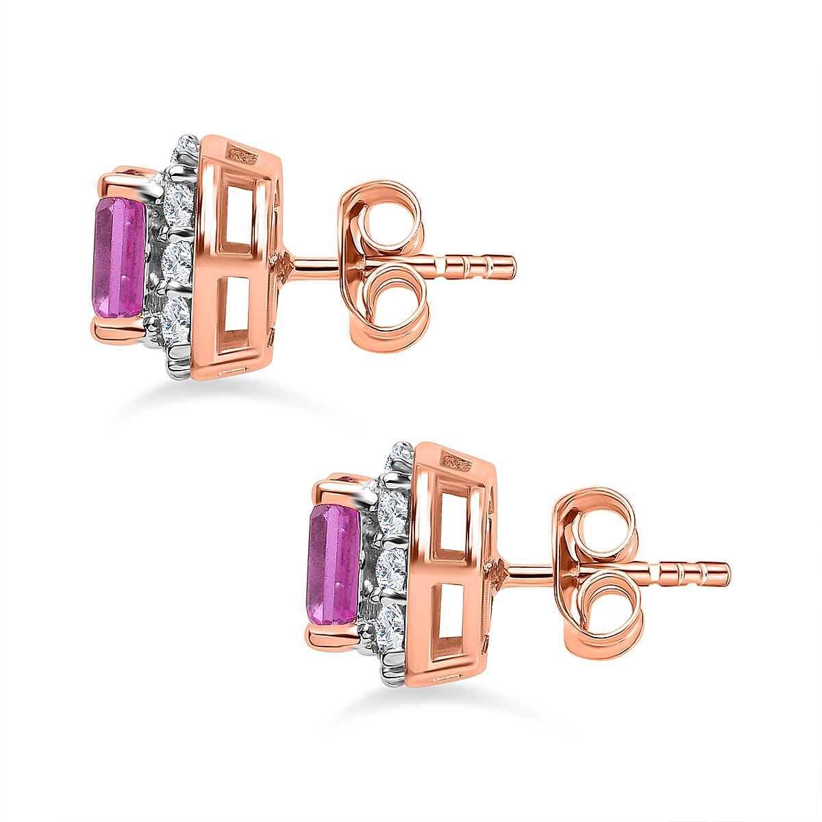 Lab Created Pink Sapphire and Natural Zircon Stud Earrings in Vermeil Rose Gold Plated Sterling Silver 3.26 Ct
