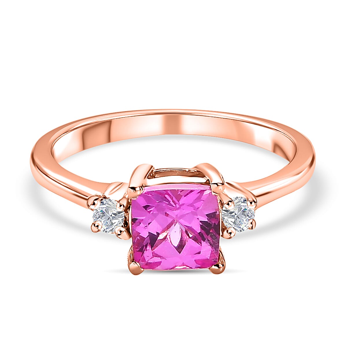 Premium Lab Created Pink Sapphire and Natural Zircon Ring in 18K Rose Gold Vermeil Plated Sterling Silver 1.61 Ct