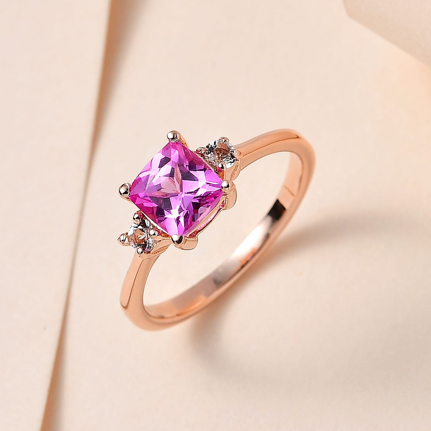 Premium Lab Created Pink Sapphire and Natural Zircon Ring in 18K Rose Gold Vermeil Plated Sterling Silver 1.61 Ct