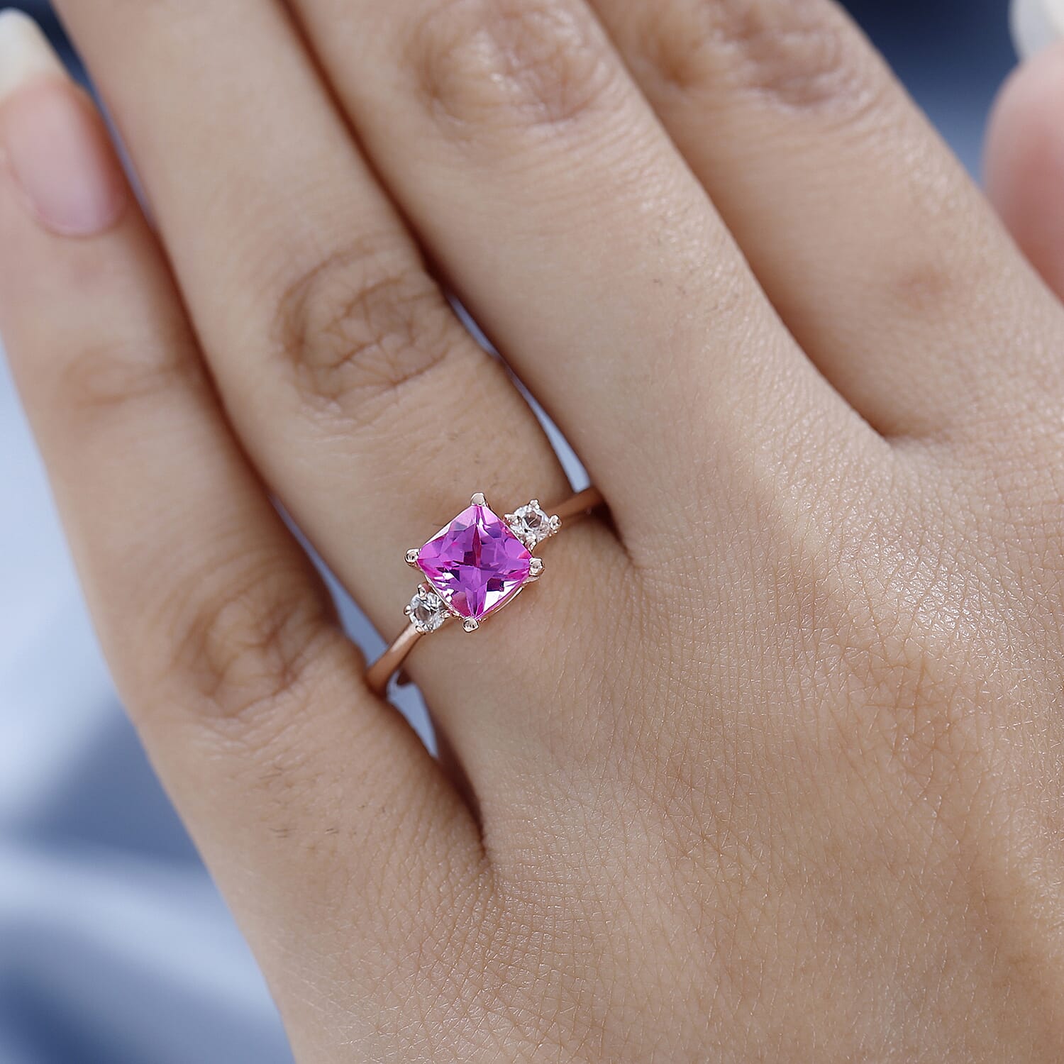 Premium Lab Created Pink Sapphire and Natural Zircon Ring in 18K Rose Gold Vermeil Plated Sterling Silver 1.61 Ct