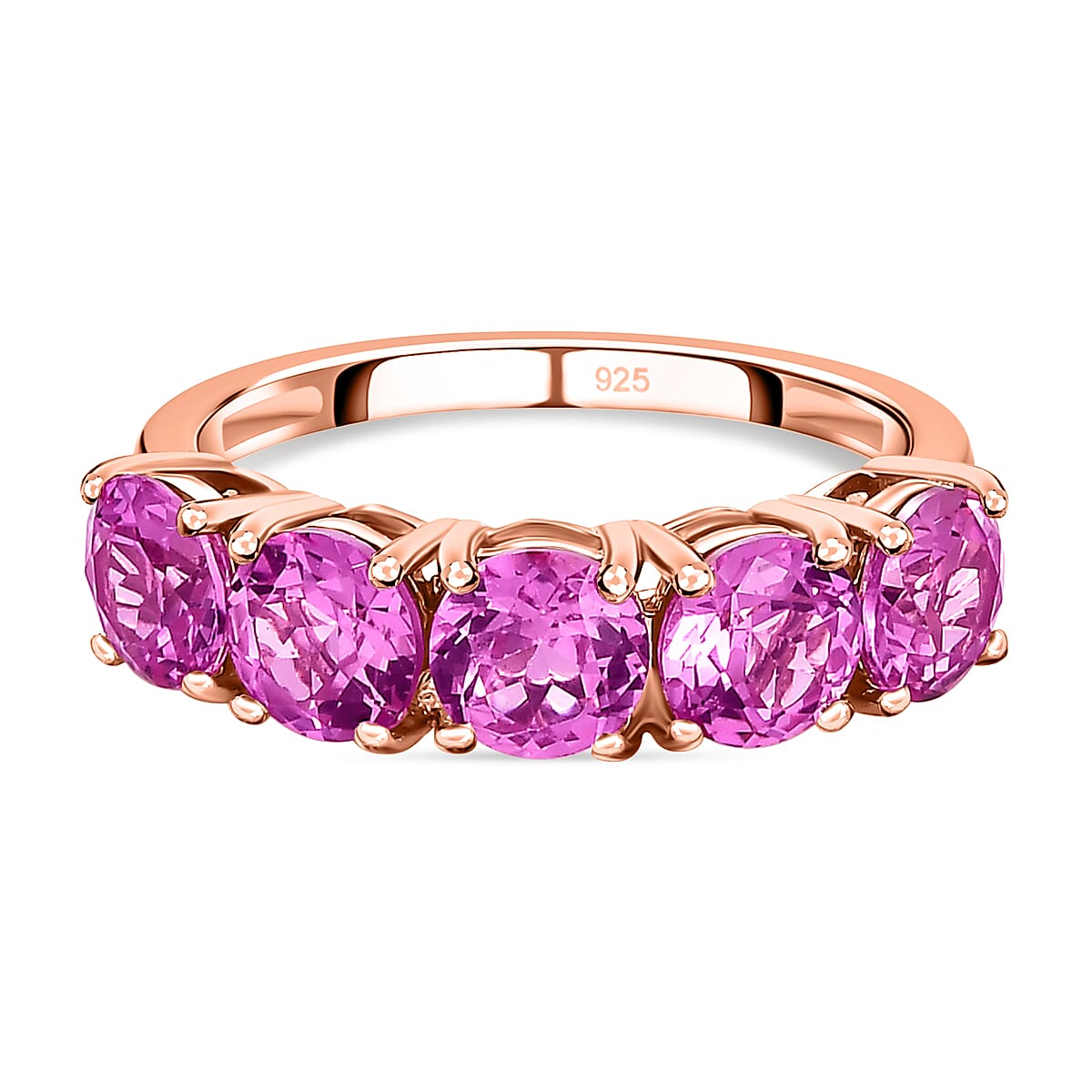 Premium Lab Created Pink Sapphire 5 Stone Ring in 18k Vermeil Rose Gold Plated Sterling Silver 3.15 Ct