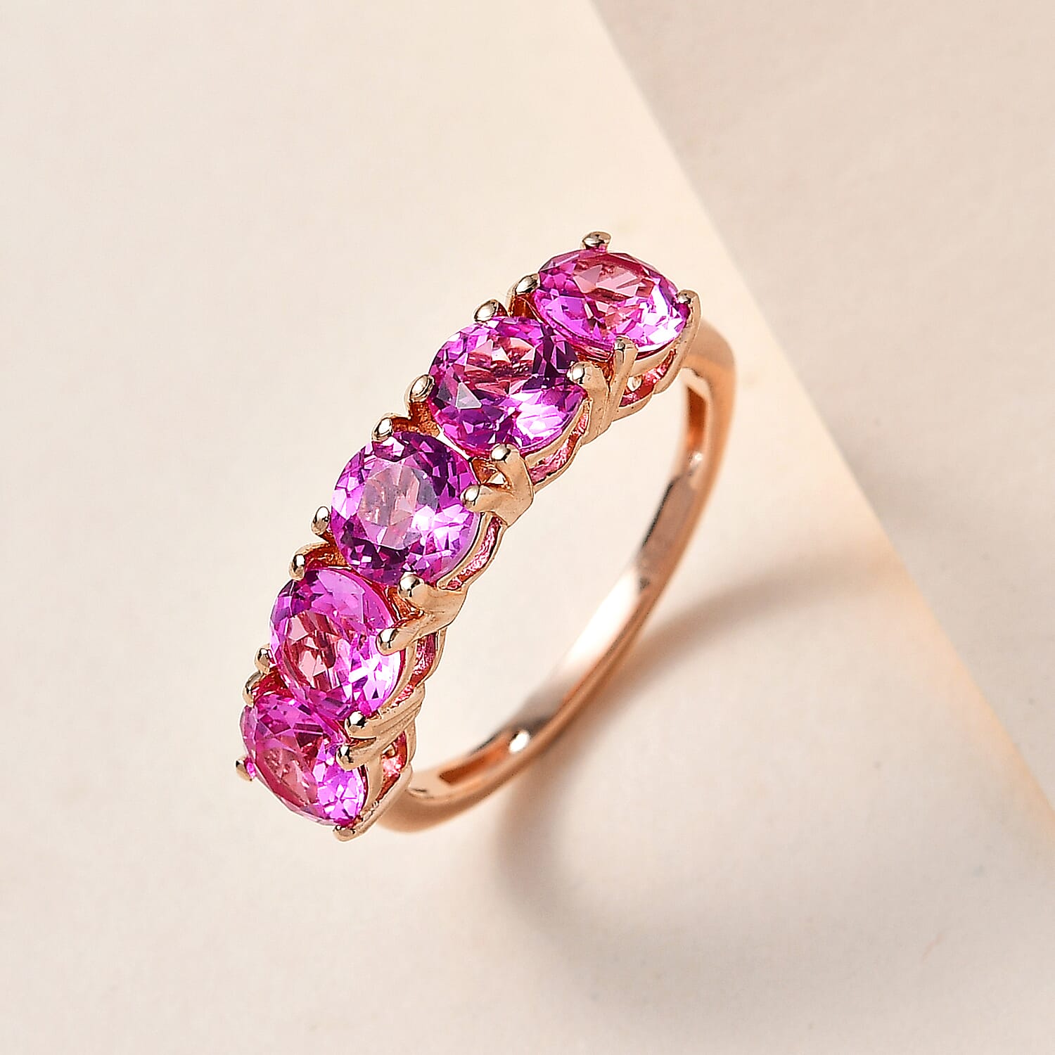 Premium Lab Created Pink Sapphire 5 Stone Ring in 18k Vermeil Rose Gold Plated Sterling Silver 3.15 Ct