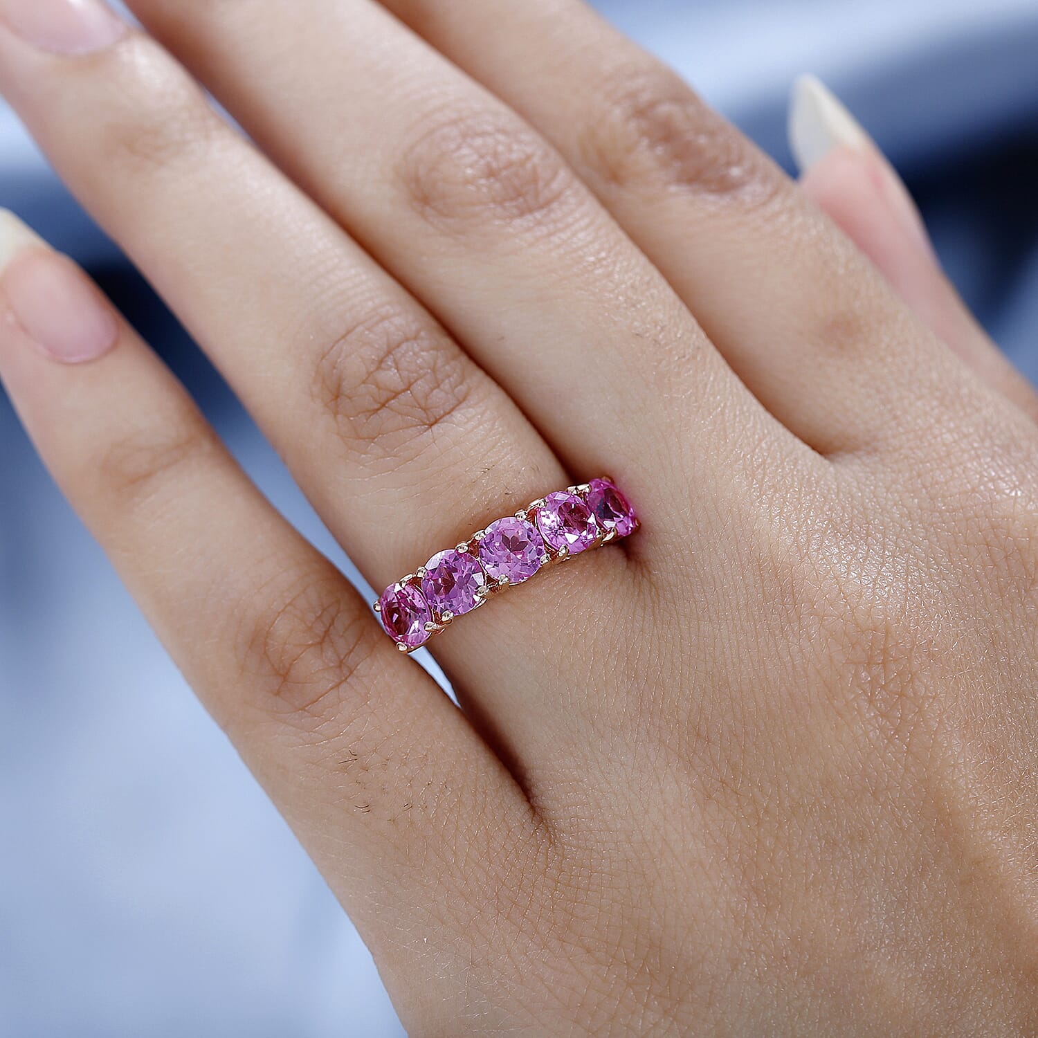 Premium Lab Created Pink Sapphire 5 Stone Ring in 18k Vermeil Rose Gold Plated Sterling Silver 3.15 Ct