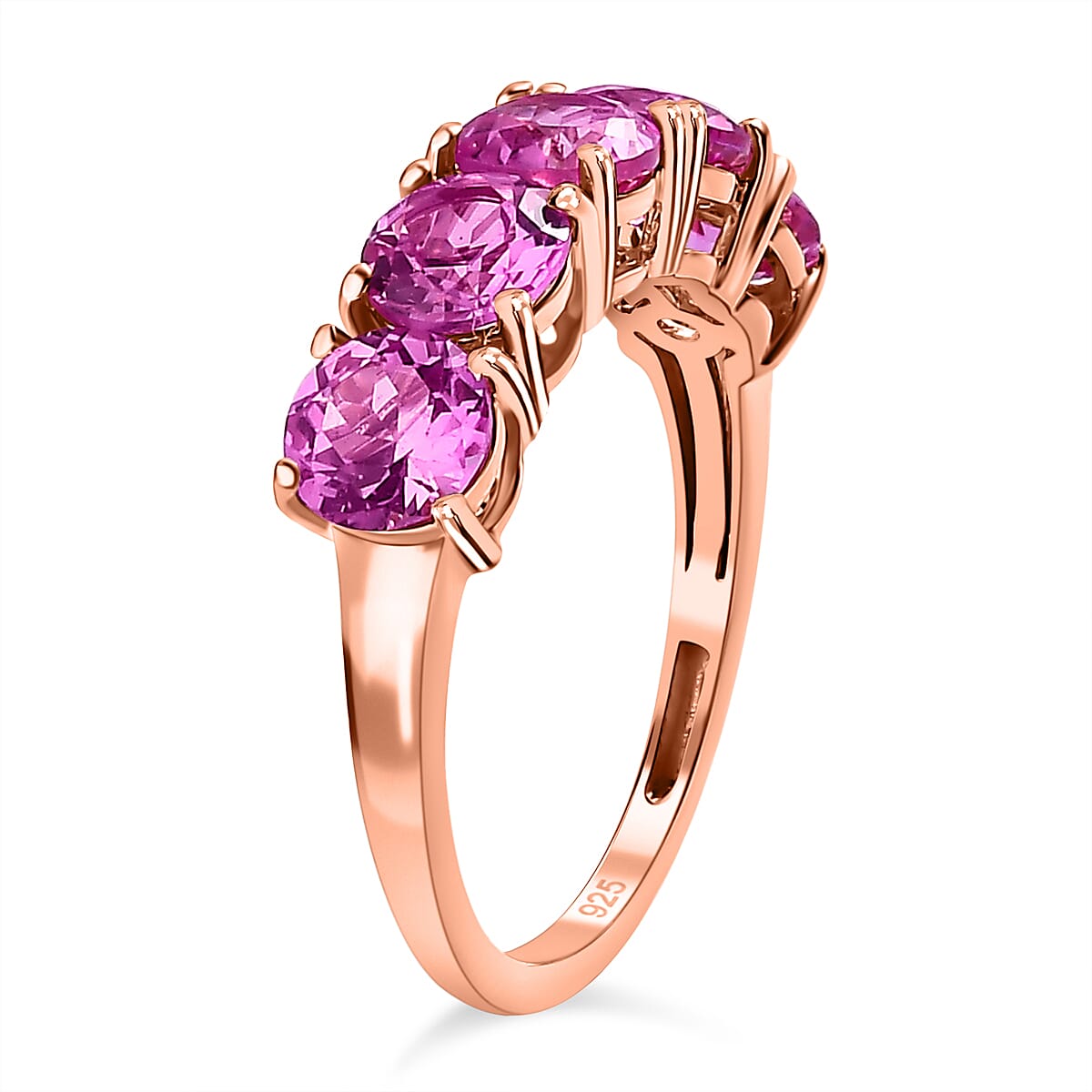 Premium Lab Created Pink Sapphire 5 Stone Ring in 18k Vermeil Rose Gold Plated Sterling Silver 3.15 Ct