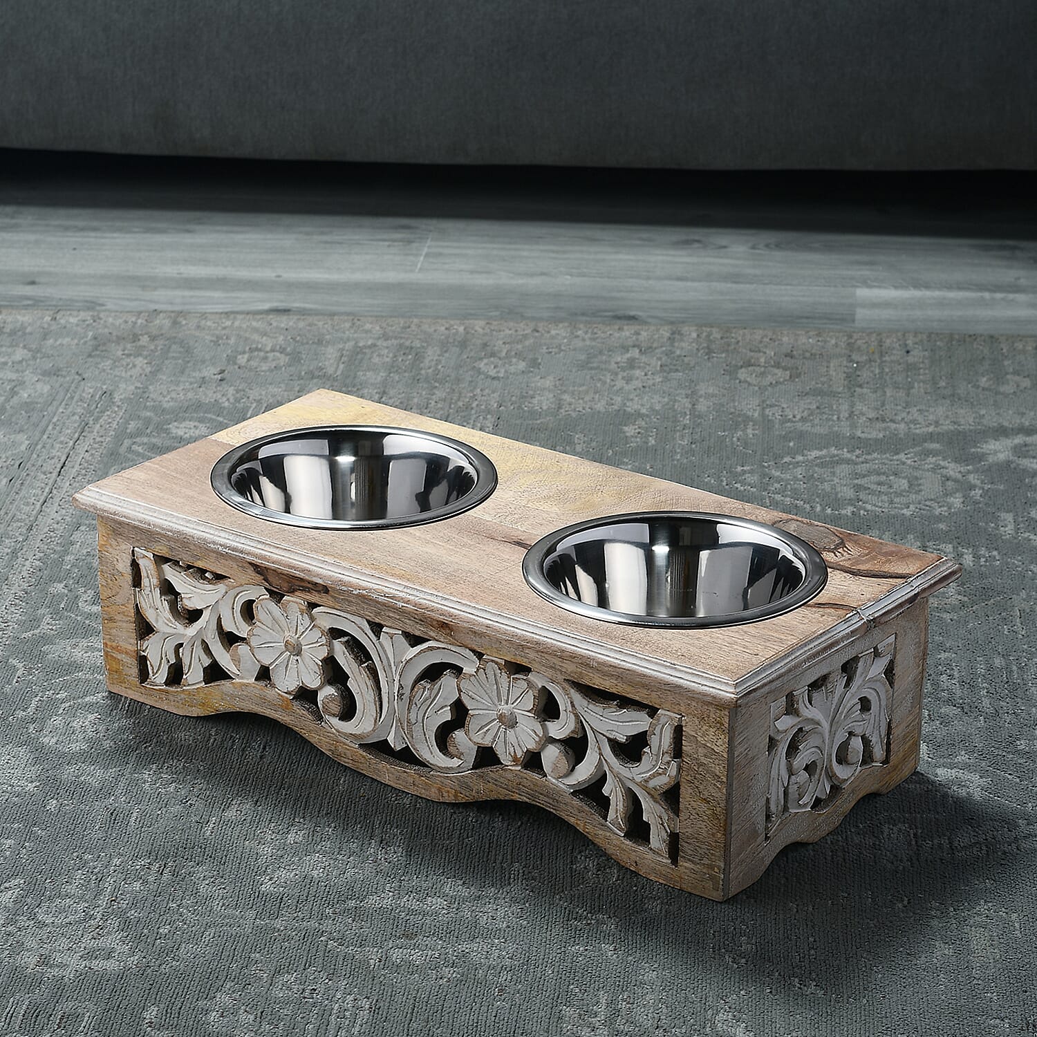 NAKKASHI Flower & Leaf Engraved Carved Mango Wood Pet Feeder with Beautiful Carvings & Stainless Steel Bowls (Size 47x20x12cm) - Brown & White