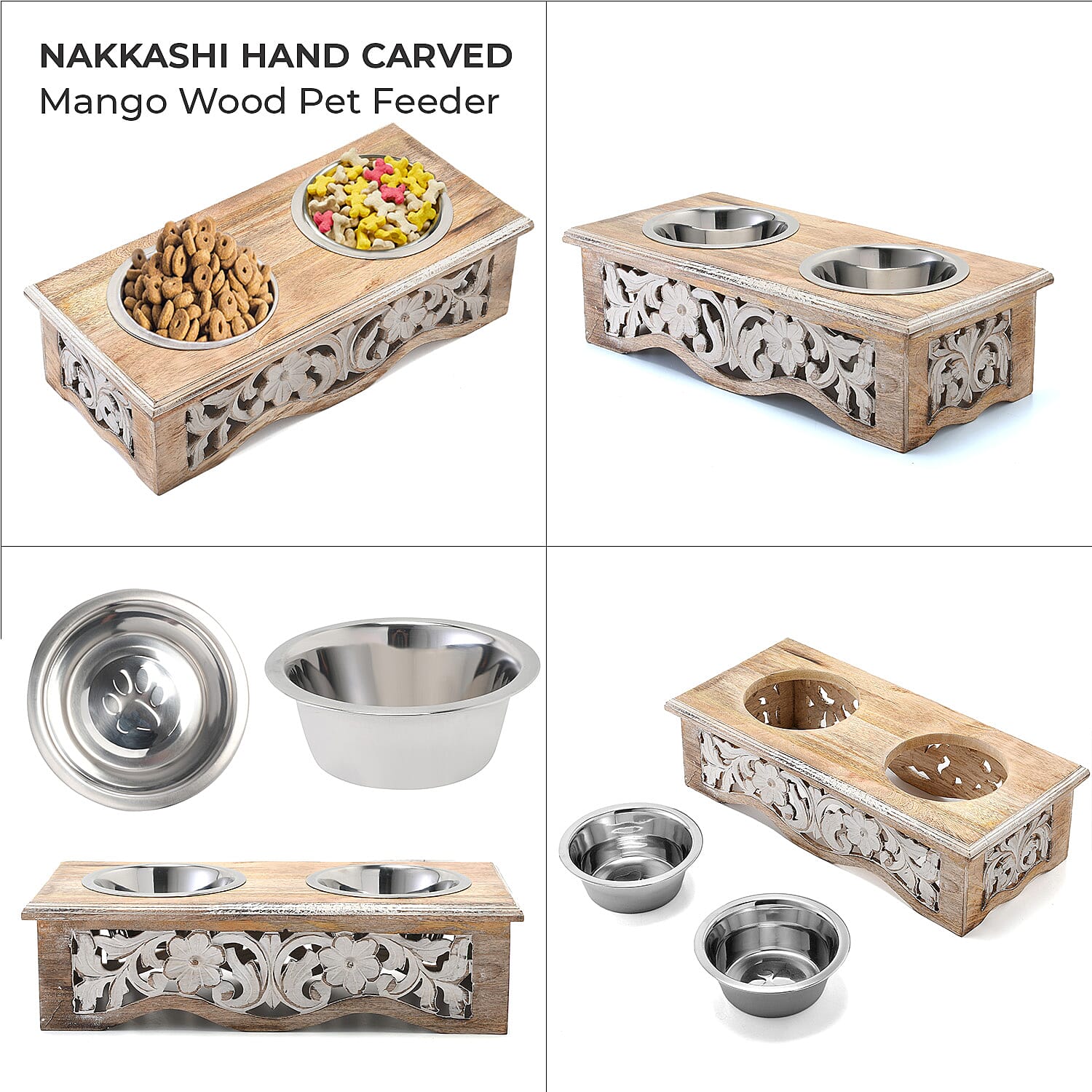NAKKASHI Flower & Leaf Engraved Carved Mango Wood Pet Feeder with Beautiful Carvings & Stainless Steel Bowls (Size 47x20x12cm) - Brown & White