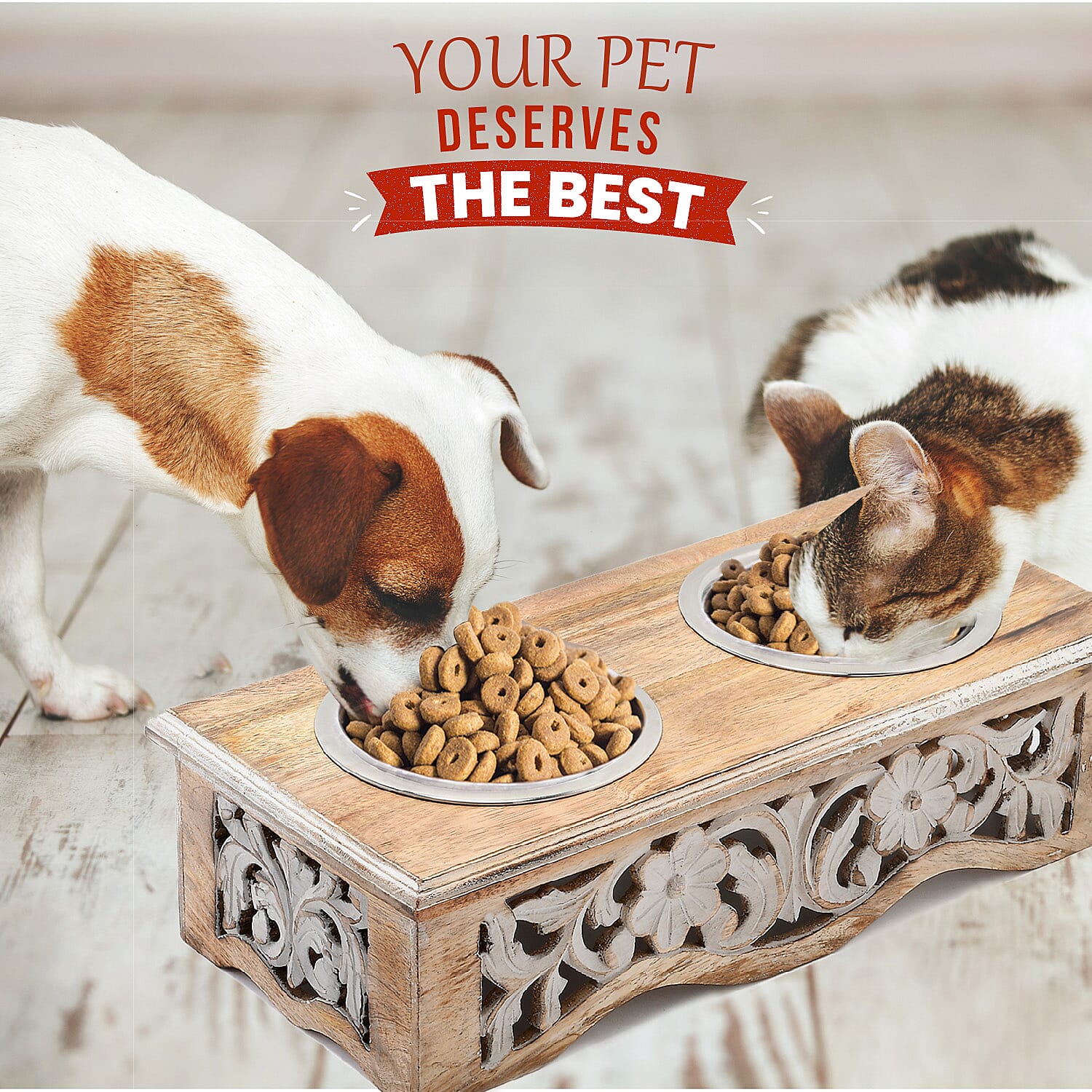 NAKKASHI Flower & Leaf Engraved Carved Mango Wood Pet Feeder with Beautiful Carvings & Stainless Steel Bowls (Size 47x20x12cm) - Brown & White