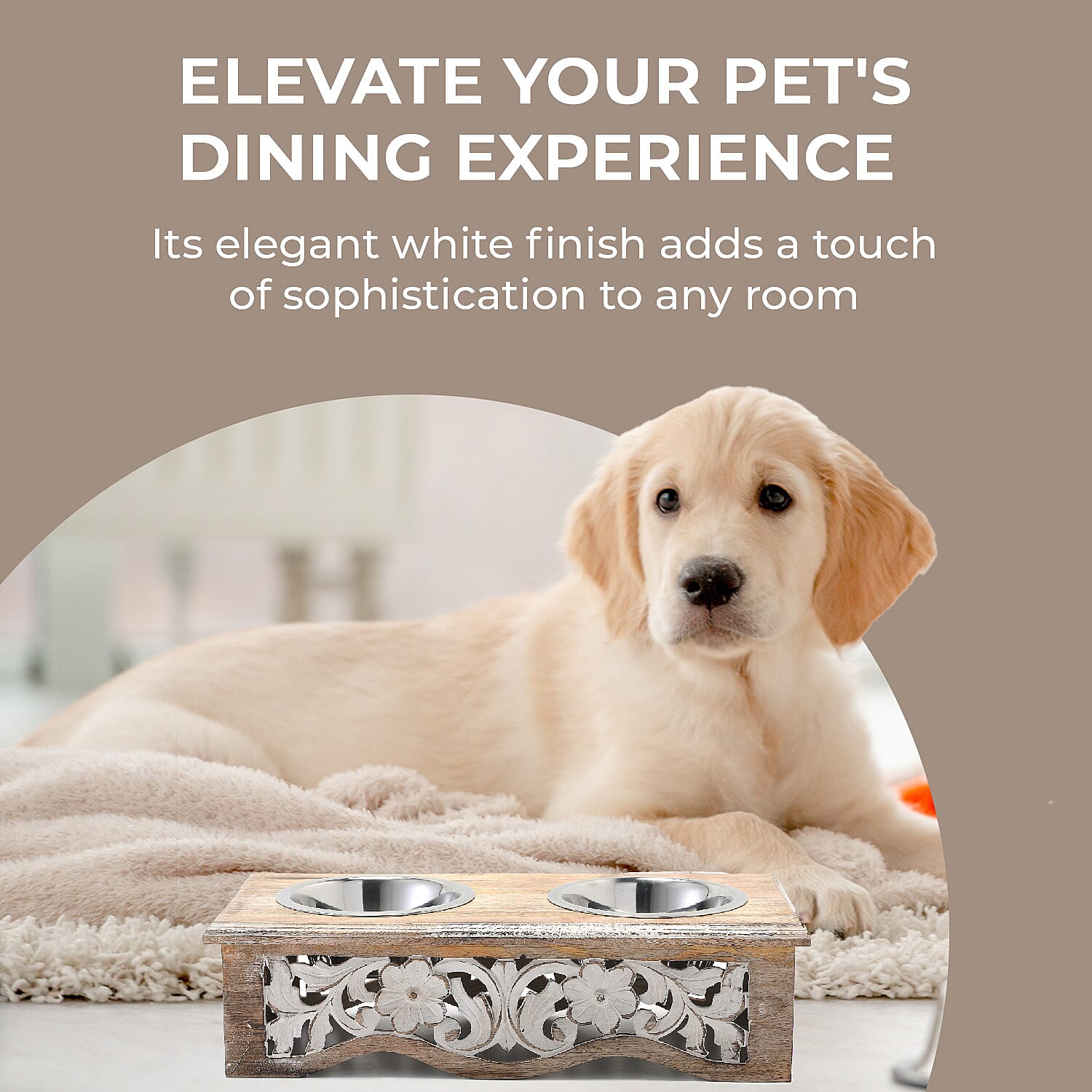 NAKKASHI Flower & Leaf Engraved Carved Mango Wood Pet Feeder with Beautiful Carvings & Stainless Steel Bowls (Size 47x20x12cm) - Brown & White