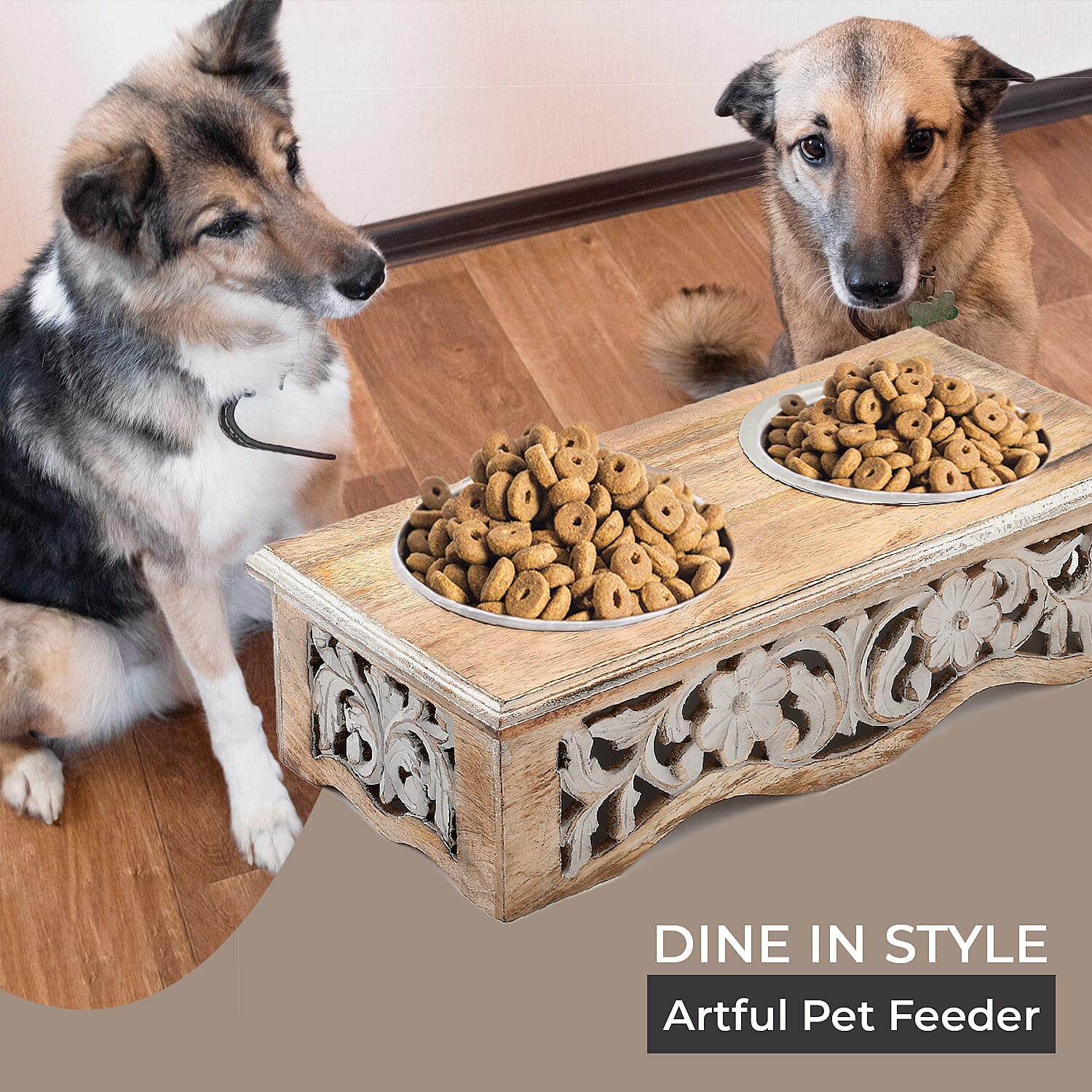 NAKKASHI Flower & Leaf Engraved Carved Mango Wood Pet Feeder with Beautiful Carvings & Stainless Steel Bowls (Size 47x20x12cm) - Brown & White