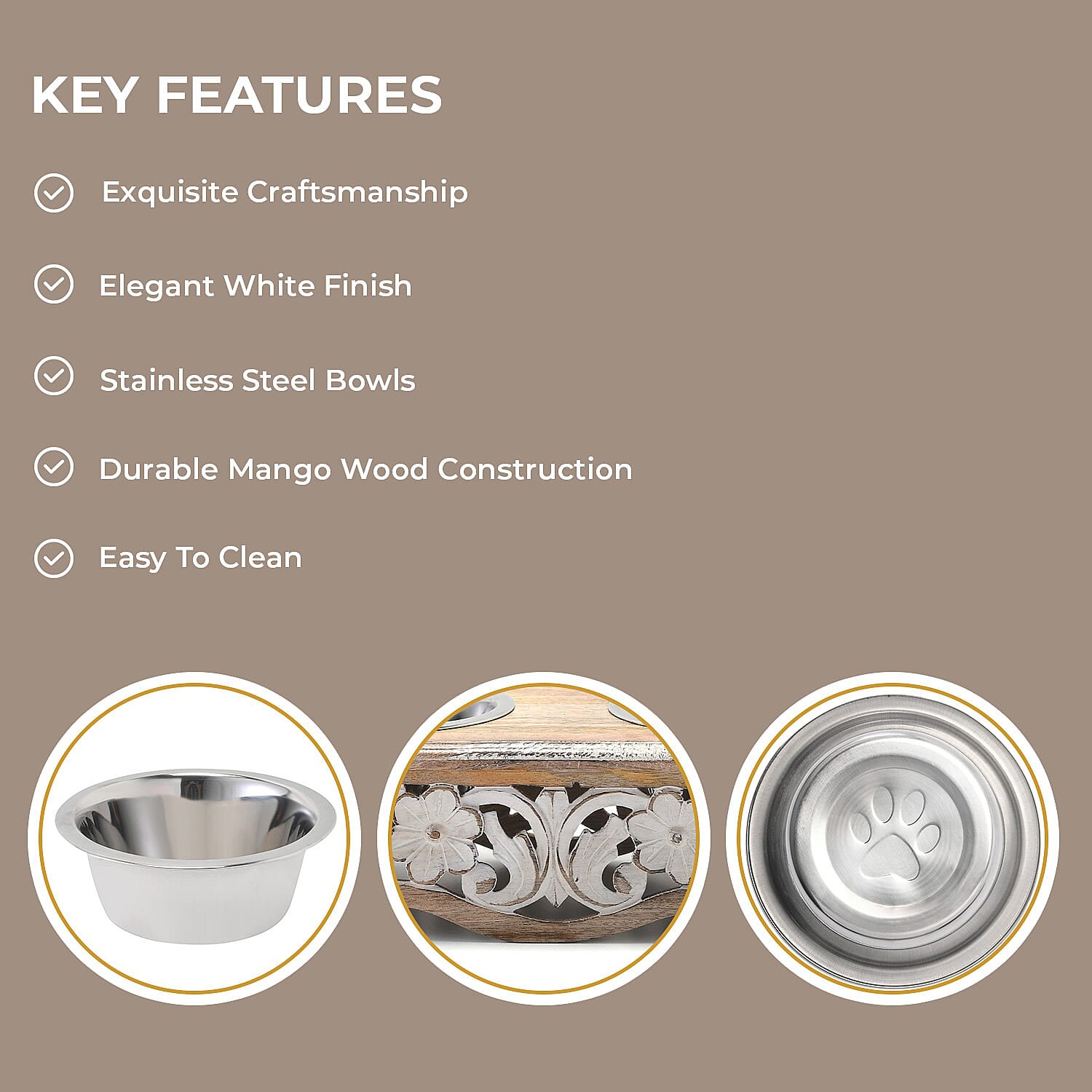 NAKKASHI Flower & Leaf Engraved Carved Mango Wood Pet Feeder with Beautiful Carvings & Stainless Steel Bowls (Size 47x20x12cm) - Brown & White