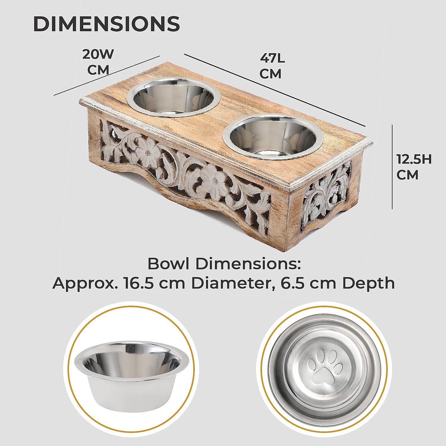 NAKKASHI Flower & Leaf Engraved Carved Mango Wood Pet Feeder with Beautiful Carvings & Stainless Steel Bowls (Size 47x20x12cm) - Brown & White