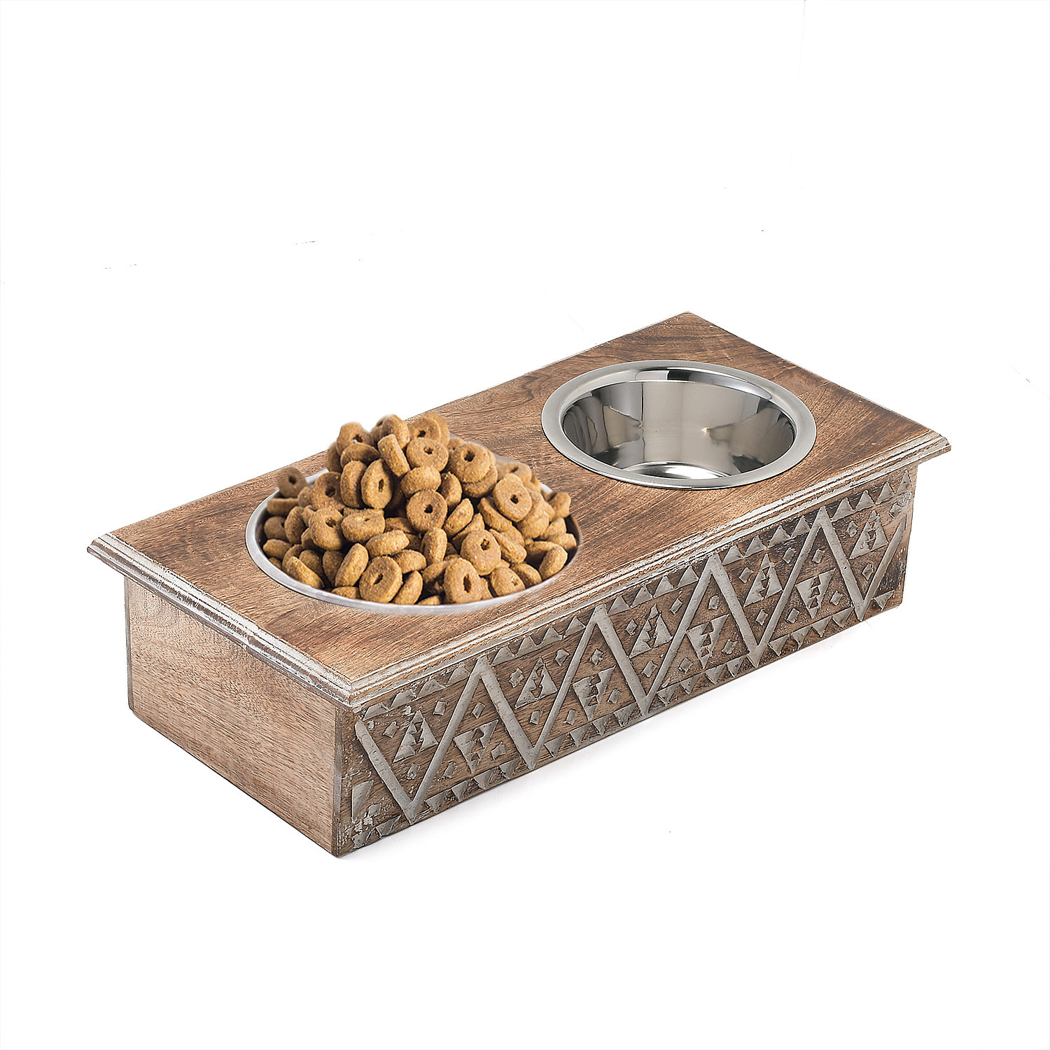 NAKKASHI Hand Carved Mango Wood Pet Feeder with Stainless Steel Bowls