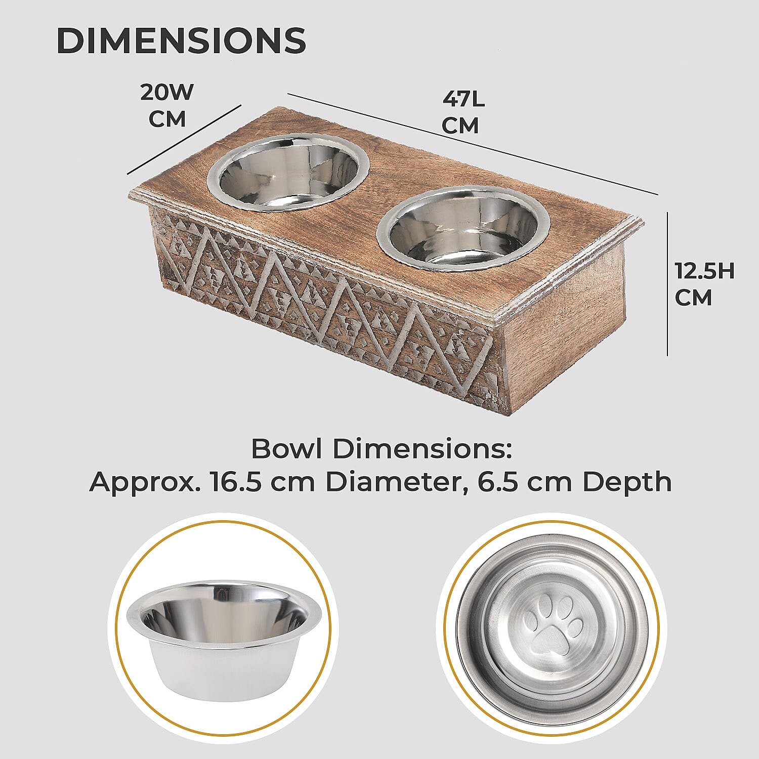 NAKKASHI Geometric Pattern Engraved Hand Carved Mango Wood Pet Feeder with Beautiful Carvings & Stainless Steel Bowls (Size 47x20x12cm) - Brown & White