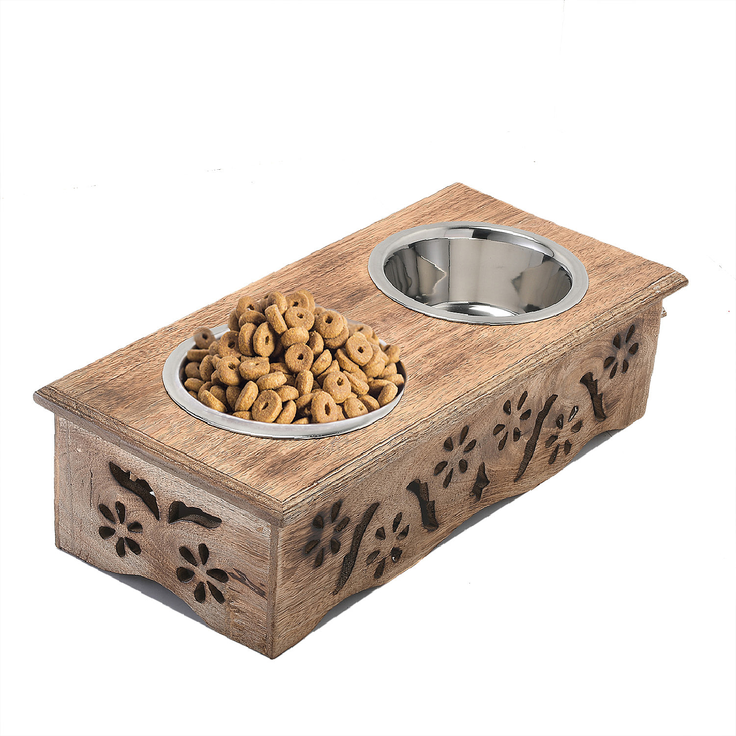 NAKKASHI Hand Carved Mango Wood Pet Feeder with Stainless Steel Bowls