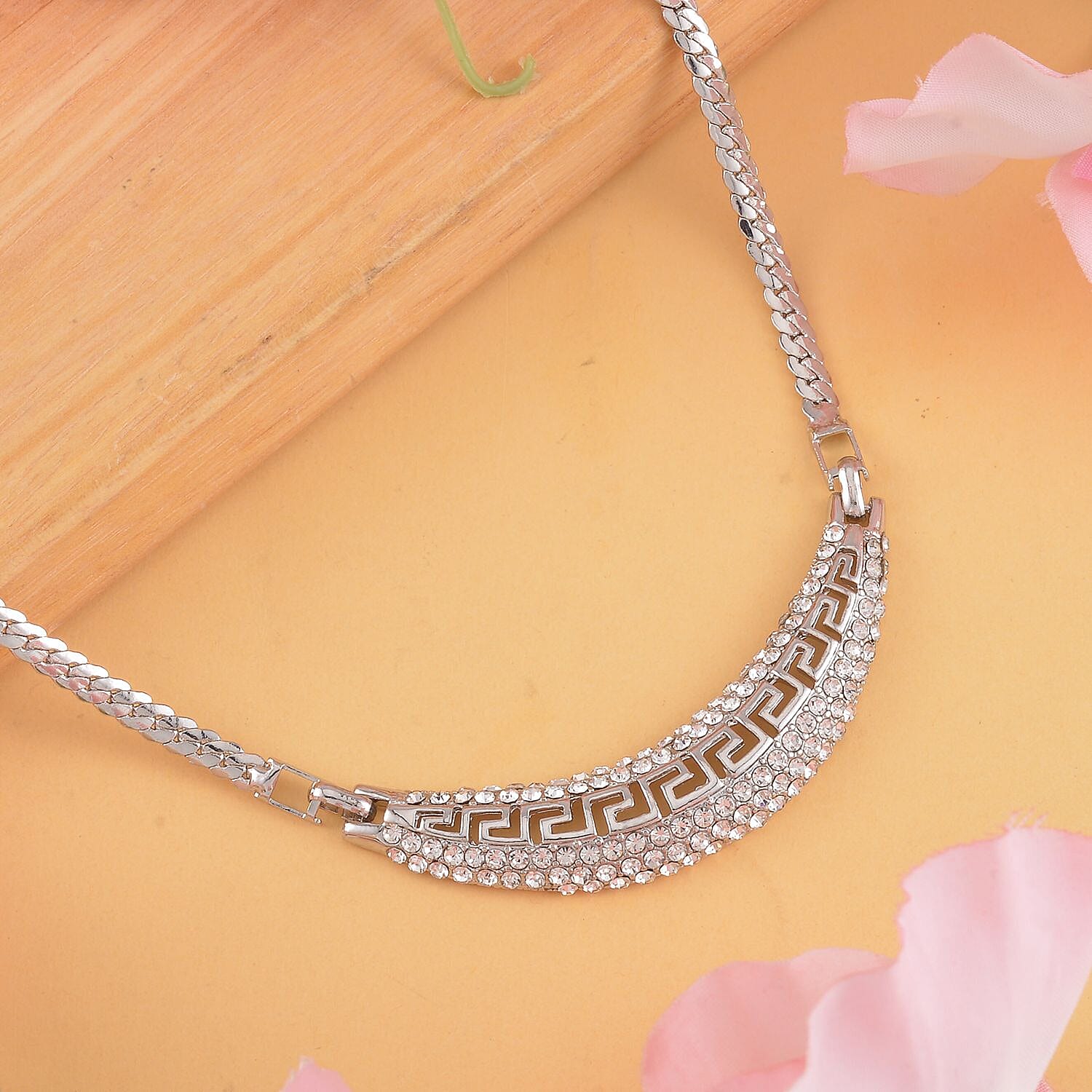 Greek Key White Austrian Crystal Braided Curb Necklace (Size - 20) in Silver Tone