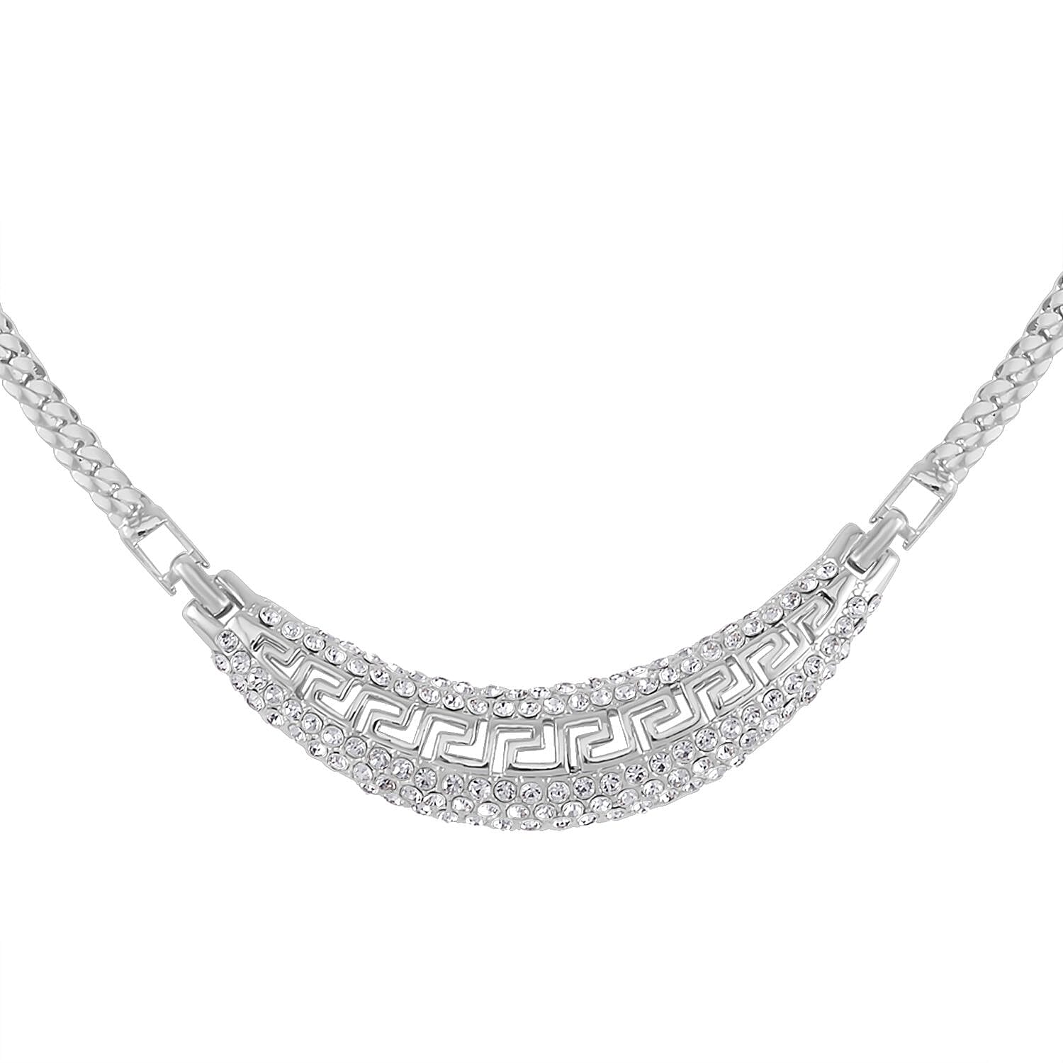 Greek Key White Austrian Crystal Braided Curb Necklace (Size - 20) in Silver Tone