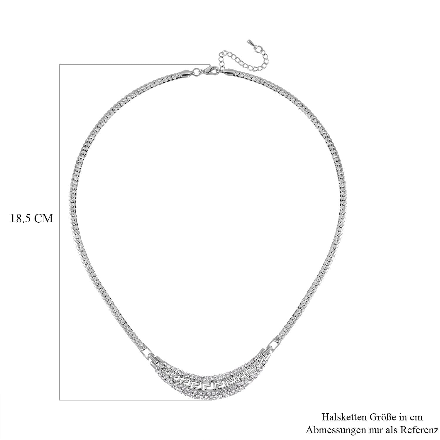 Greek Key White Austrian Crystal Braided Curb Necklace (Size - 20) in Silver Tone