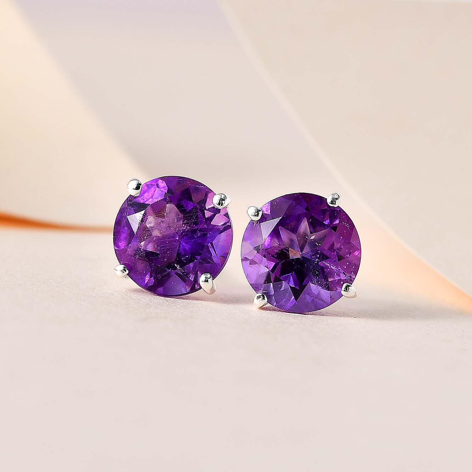 D'Joy Amethyst Stud Earrings with Push Back in Sterling Silver 3.45 Ct.