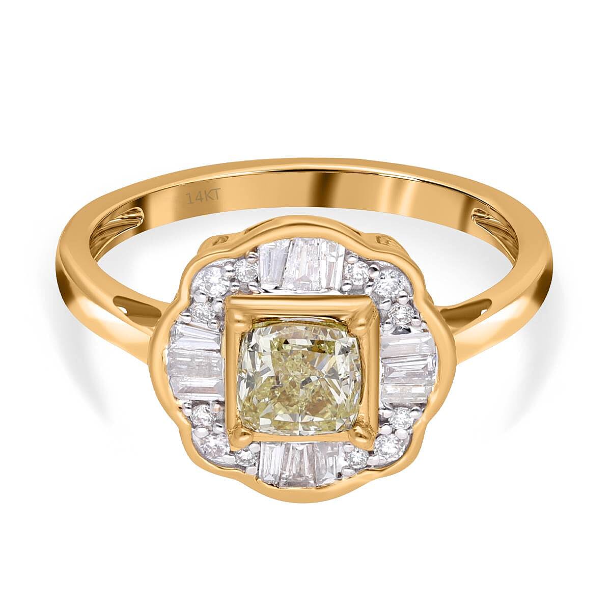 14K Yellow Gold Certified Natural INTENSE Yellow Diamond (0.50Cts) & White Diamond (I1-I2) Ring 1.01 Ct