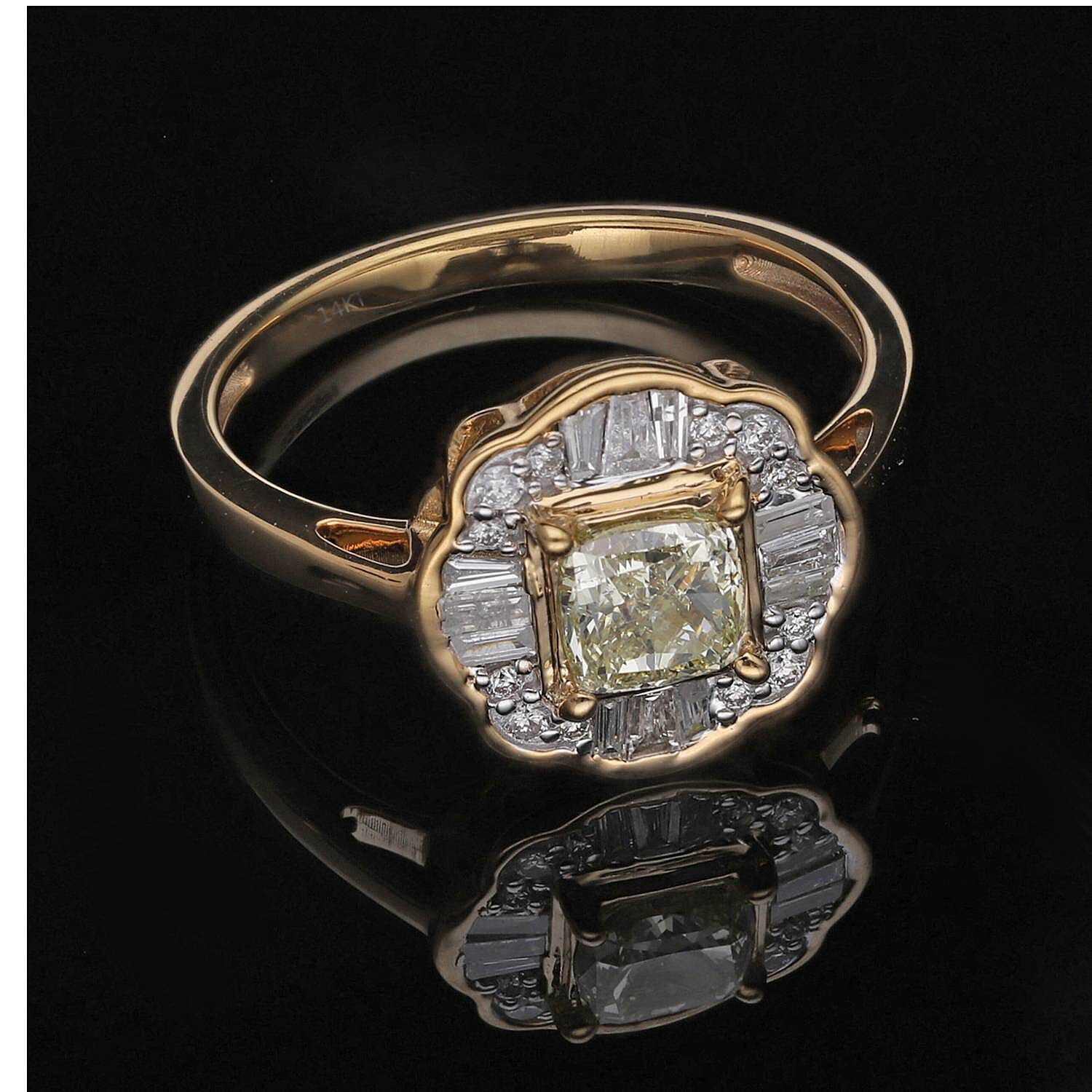 14K Yellow Gold Certified Natural INTENSE Yellow Diamond (0.50Cts) & White Diamond (I1-I2) Ring 1.01 Ct