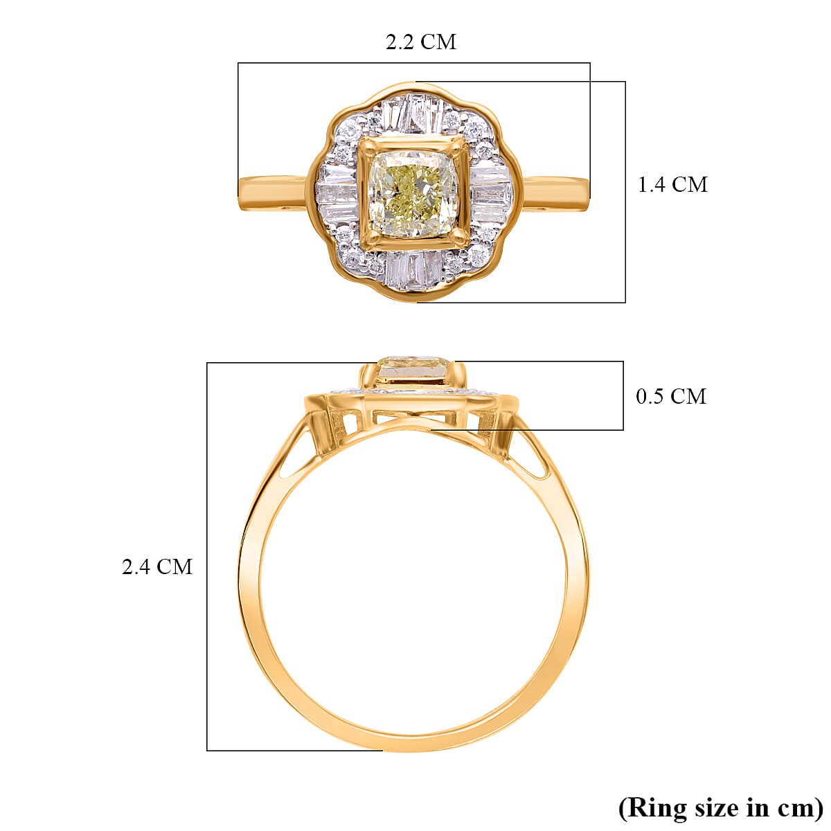 14K Yellow Gold Certified Natural INTENSE Yellow Diamond (0.50Cts) & White Diamond (I1-I2) Ring 1.01 Ct