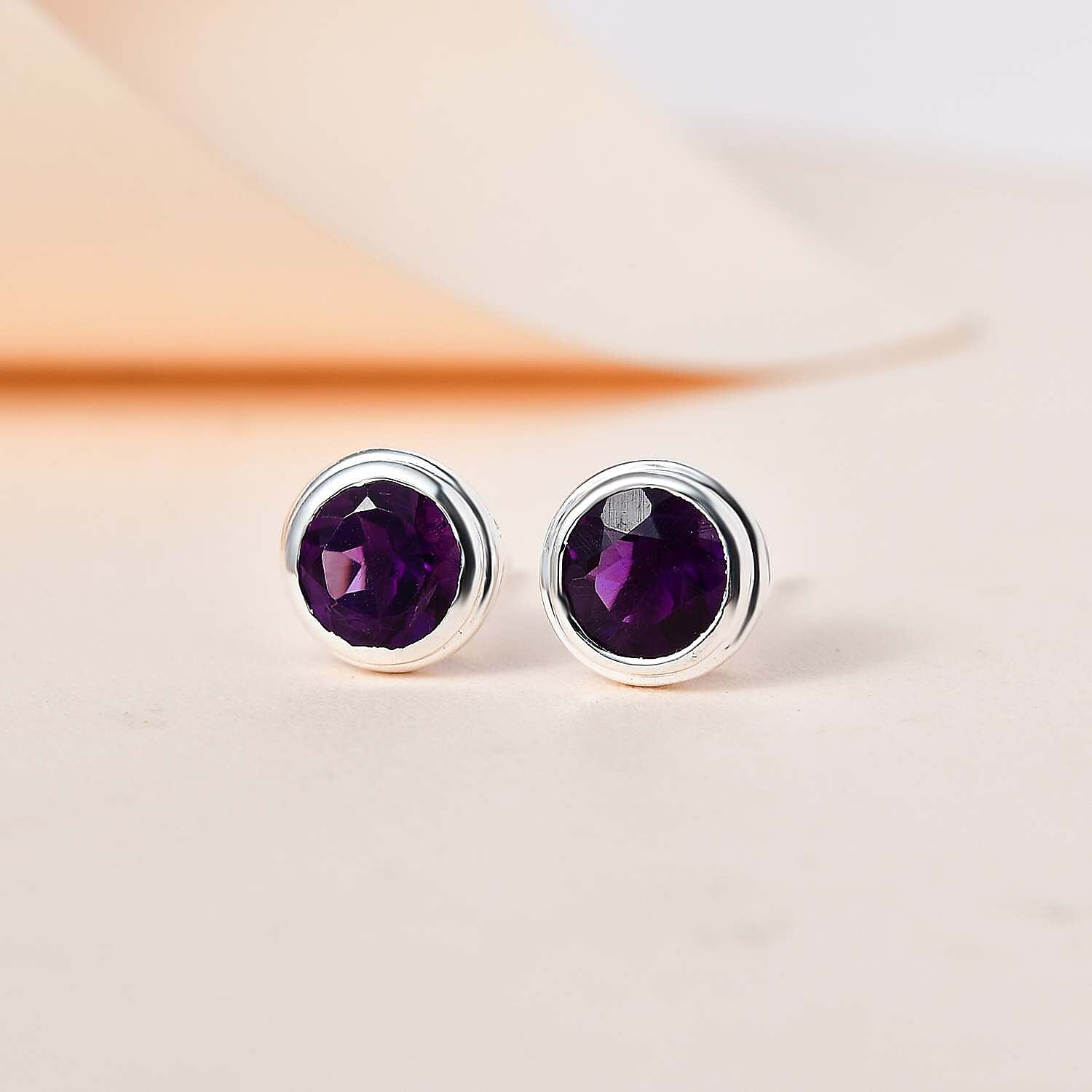 Amethyst Stud Solitaire Earrings with Push Back in Sterling Silver 1.49 Ct.
