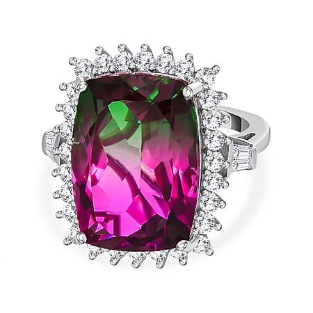 Bi-Colour Tourmaline Quartz and Natural Zircon Halo Ring in Platinum Overlay Sterling Silver 17.60 Ct, Silver Wt. 5.25 Gms