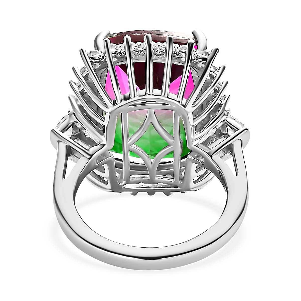 Watermelon Colour Tourmaline Quartz and Natural Zircon Solitaire Ring in Platinum Overlay Sterling Silver 17.60 Ct, Silver Wt. 5.25 Gms Watermelon Colour Tourmaline Quartz and Natural Zircon Solitaire Ring in Platinum Overlay Sterling Silver 17.60 Ct, Silver Wt. 5.25 Gms