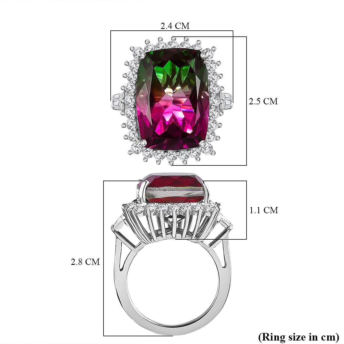 Watermelon Colour Tourmaline Quartz and Natural Zircon Solitaire Ring in Platinum Overlay Sterling Silver 17.60 Ct, Silver Wt. 5.25 Gms Watermelon Colour Tourmaline Quartz and Natural Zircon Solitaire Ring in Platinum Overlay Sterling Silver 17.60 Ct, Silver Wt. 5.25 Gms