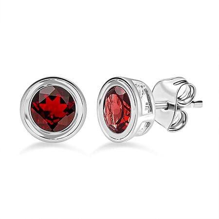 Red Garnet Solitaire Stud Earrings in Sterling Silver 1.70 Ct