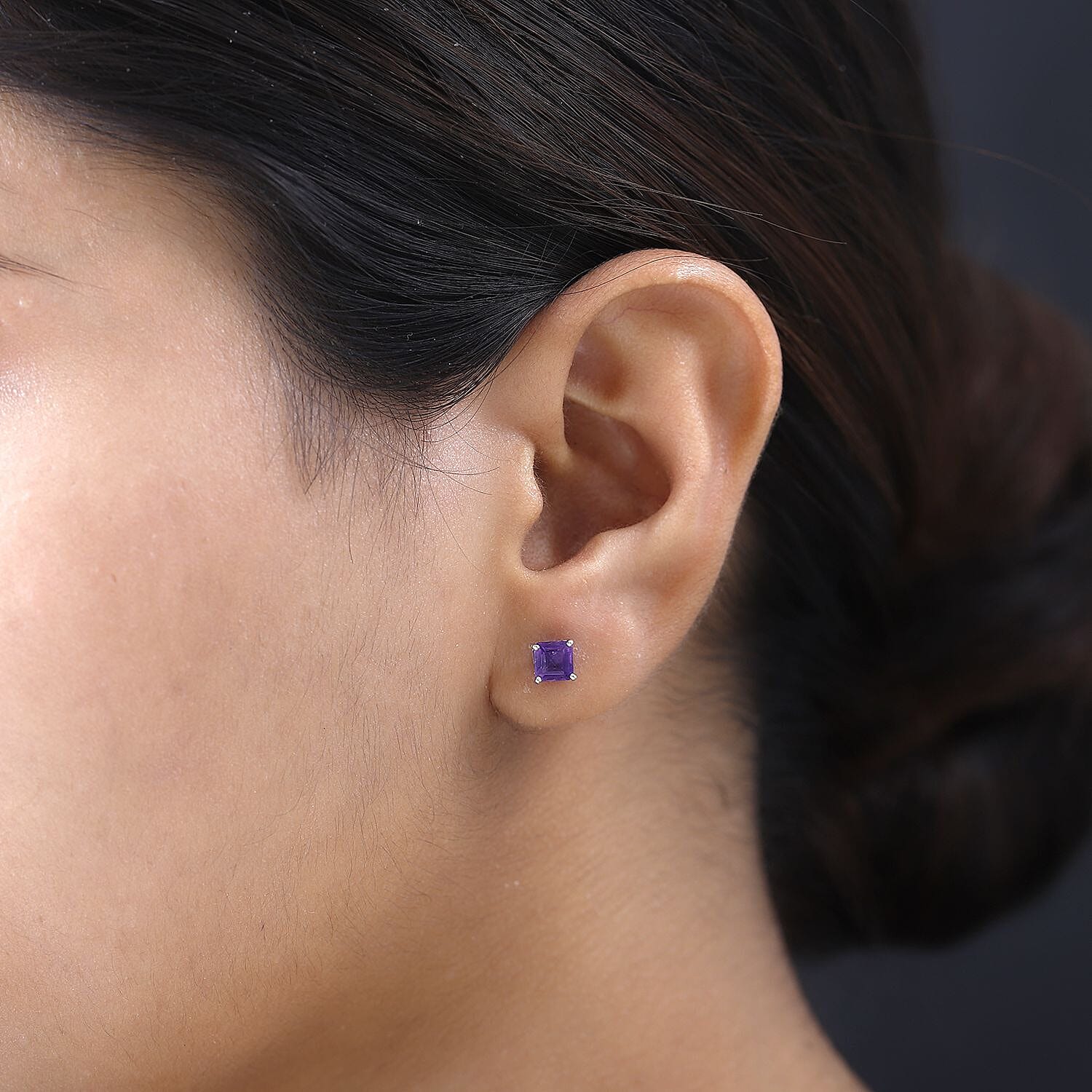 Amethyst Solitaire Stud Earrings with Push Back in Platinum Overlay Sterling Silver 1.38 Ct