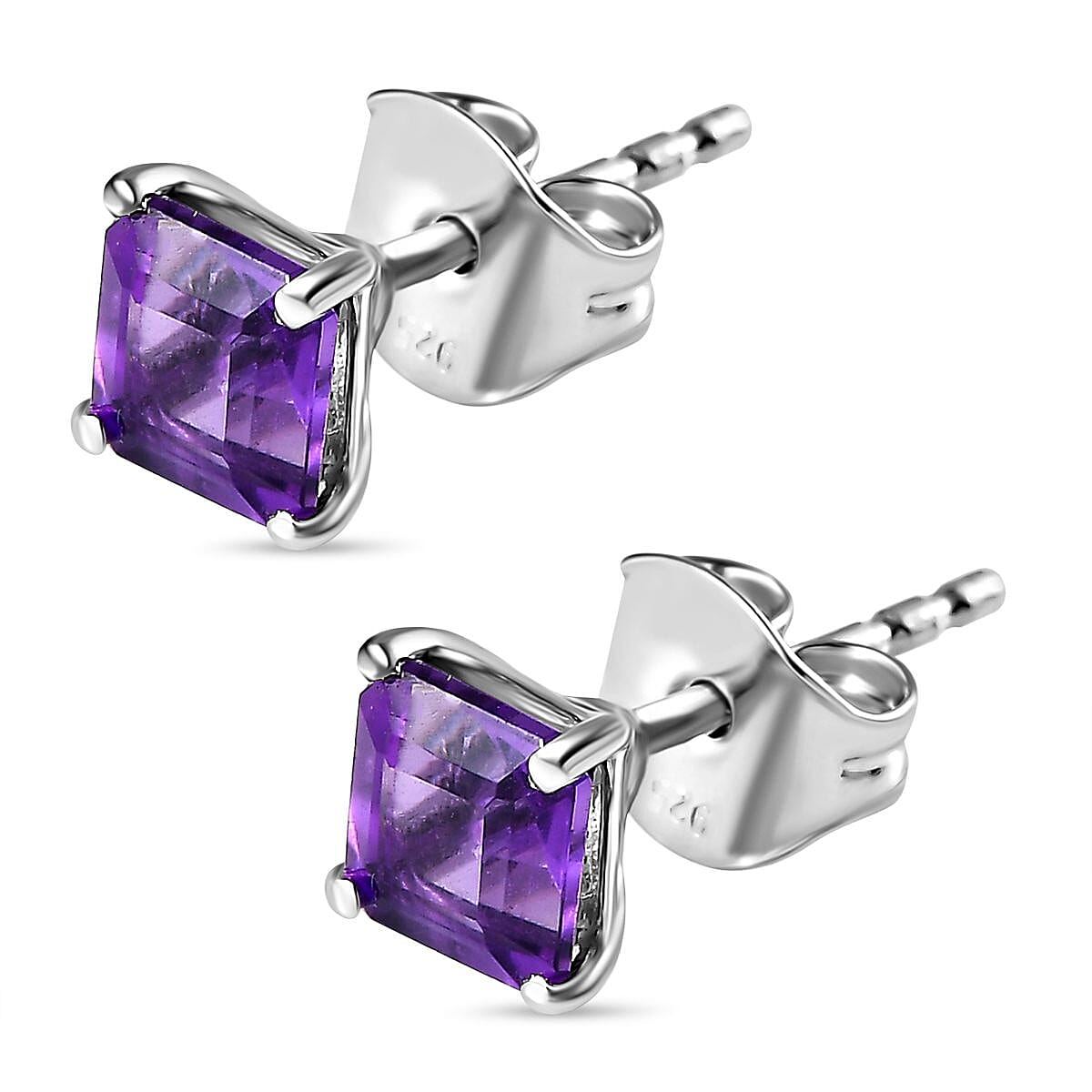 Amethyst Solitaire Stud Earrings with Push Back in Platinum Overlay Sterling Silver 1.38 Ct