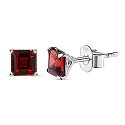 Red Garnet Solitaire Stud Earrings in Platinum Overlay Sterling Silver 1.83 Ct