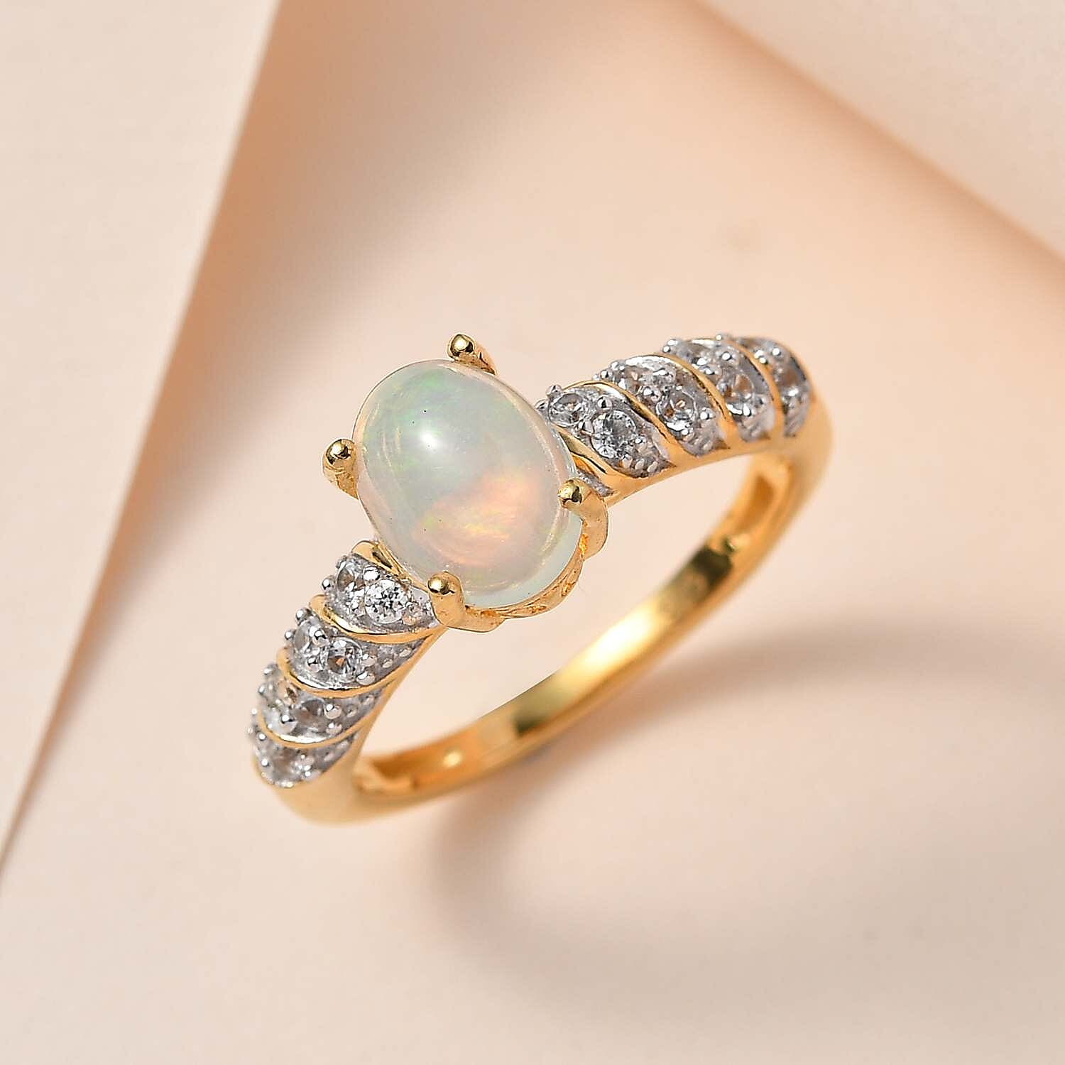 Ethiopian Welo Opal and Natural Zircon Ring in 18K Yellow Gold Vermeil Plated Sterling Silver 1.14 Ct.