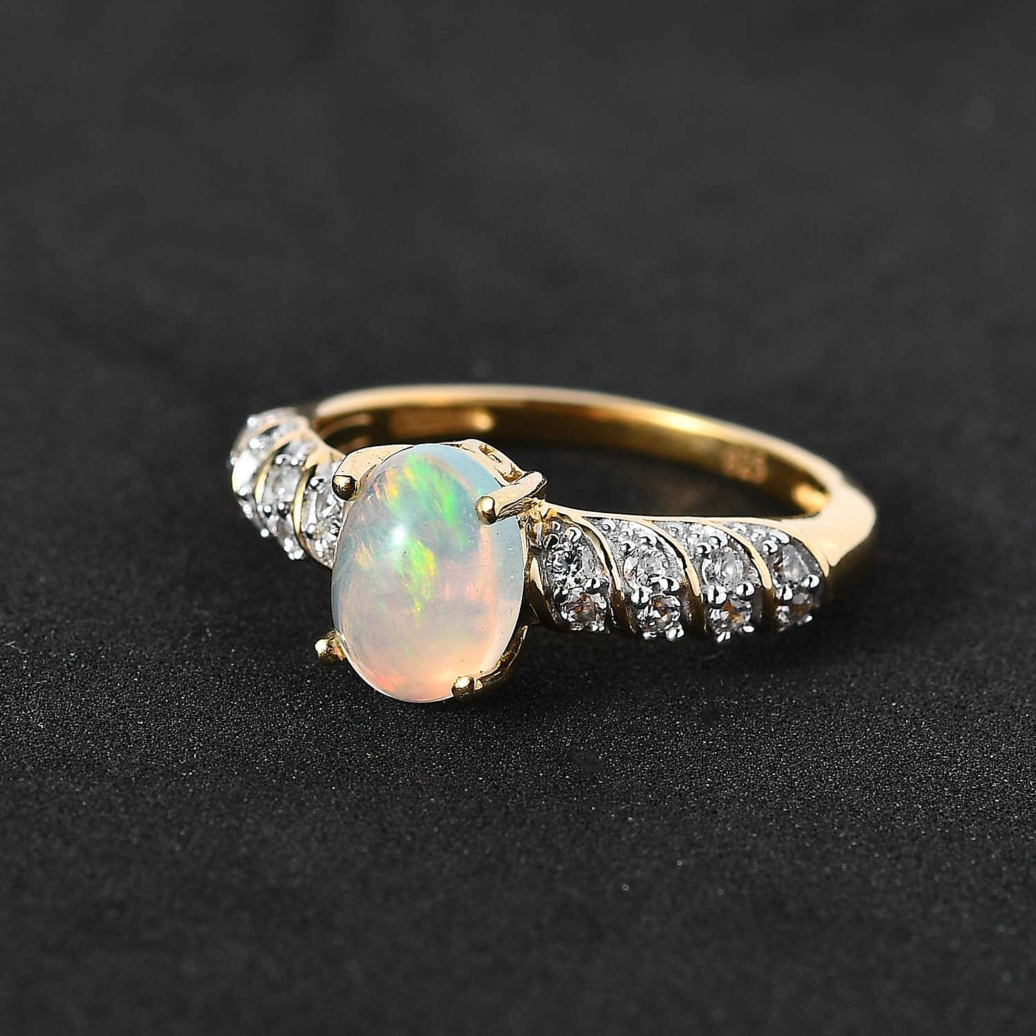 Ethiopian Welo Opal and Natural Zircon Ring in 18K Yellow Gold Vermeil Plated Sterling Silver 1.14 Ct.