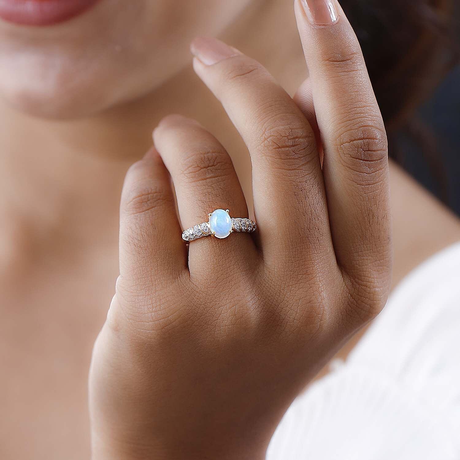 Ethiopian Welo Opal and Natural Zircon Ring in 18K Yellow Gold Vermeil Plated Sterling Silver 1.14 Ct.