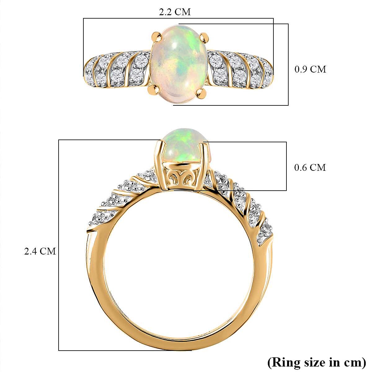 Ethiopian Welo Opal and Natural Zircon Ring in 18K Yellow Gold Vermeil Plated Sterling Silver 1.14 Ct.